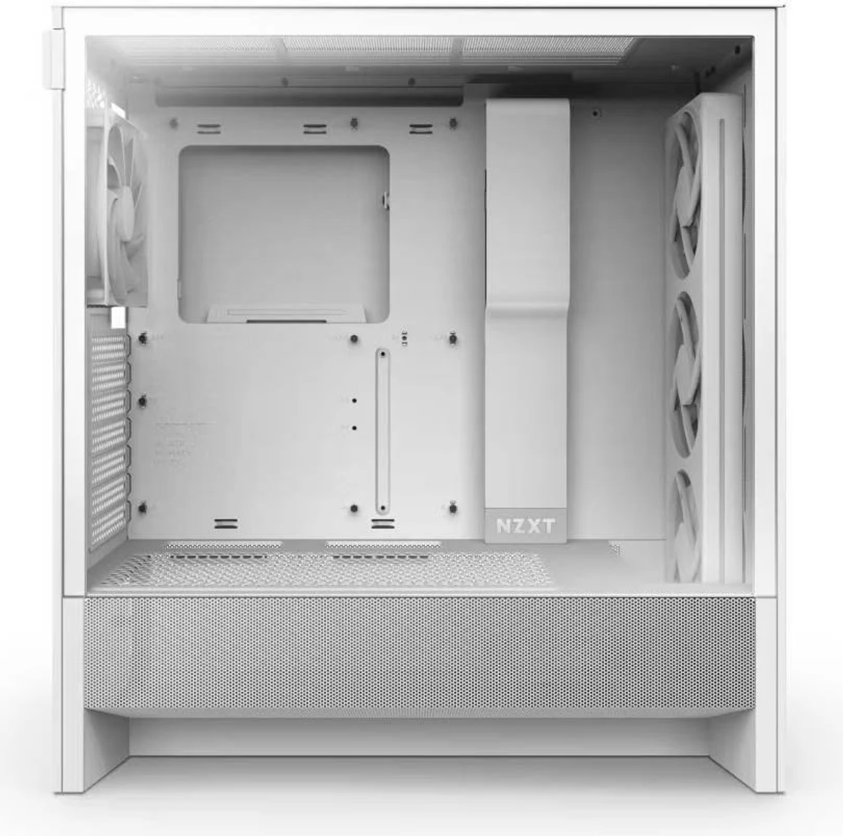 Biała obudowa komputera z wentylatorami, dużym centralnym obszarem i logo NZXT. Perforowany przedni panel i różne punkty montażowe.