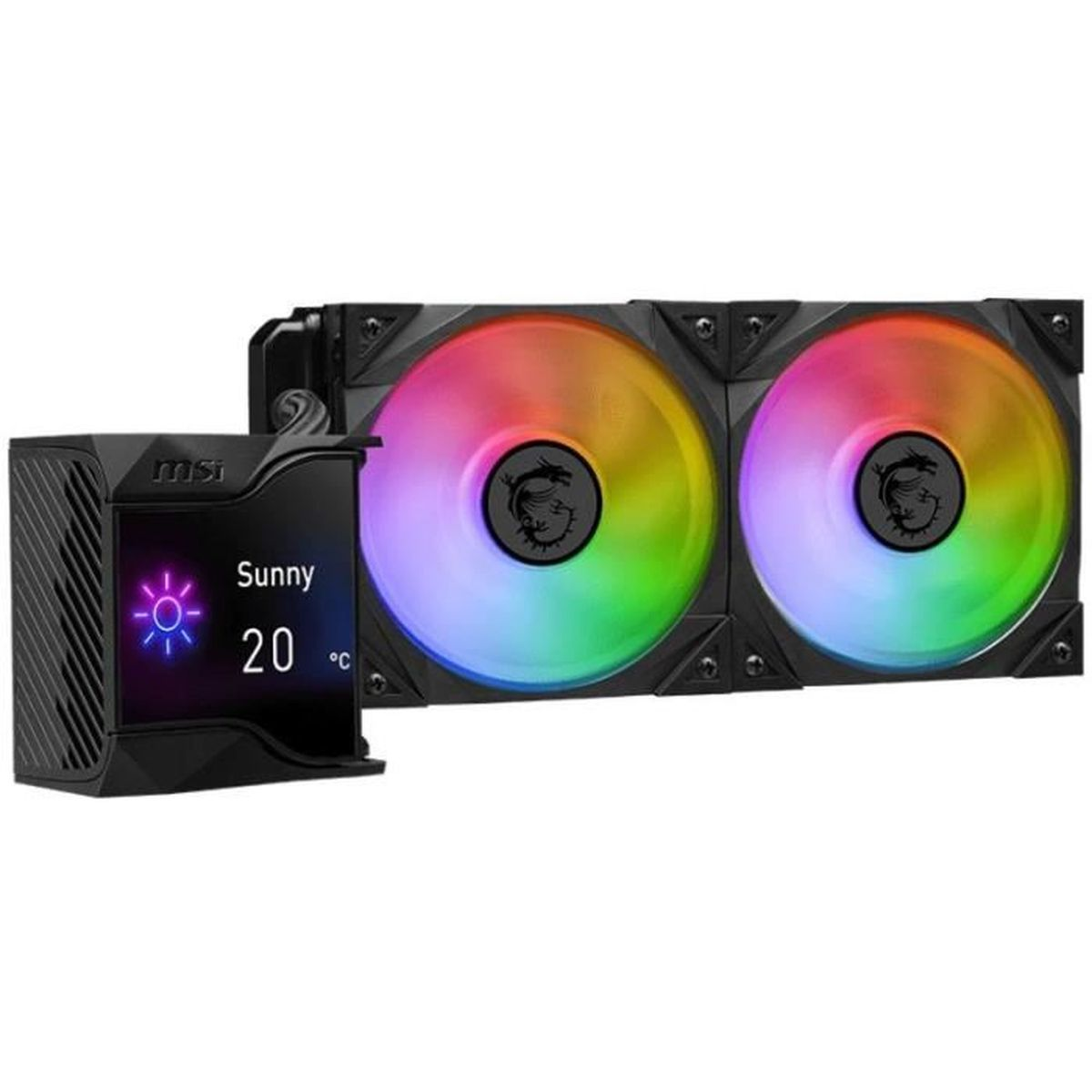 Chłodnica CPU MSI z ekranem pokazującym 20 stopni, ikoną słoneczną i dwoma wentylatorami RGB.