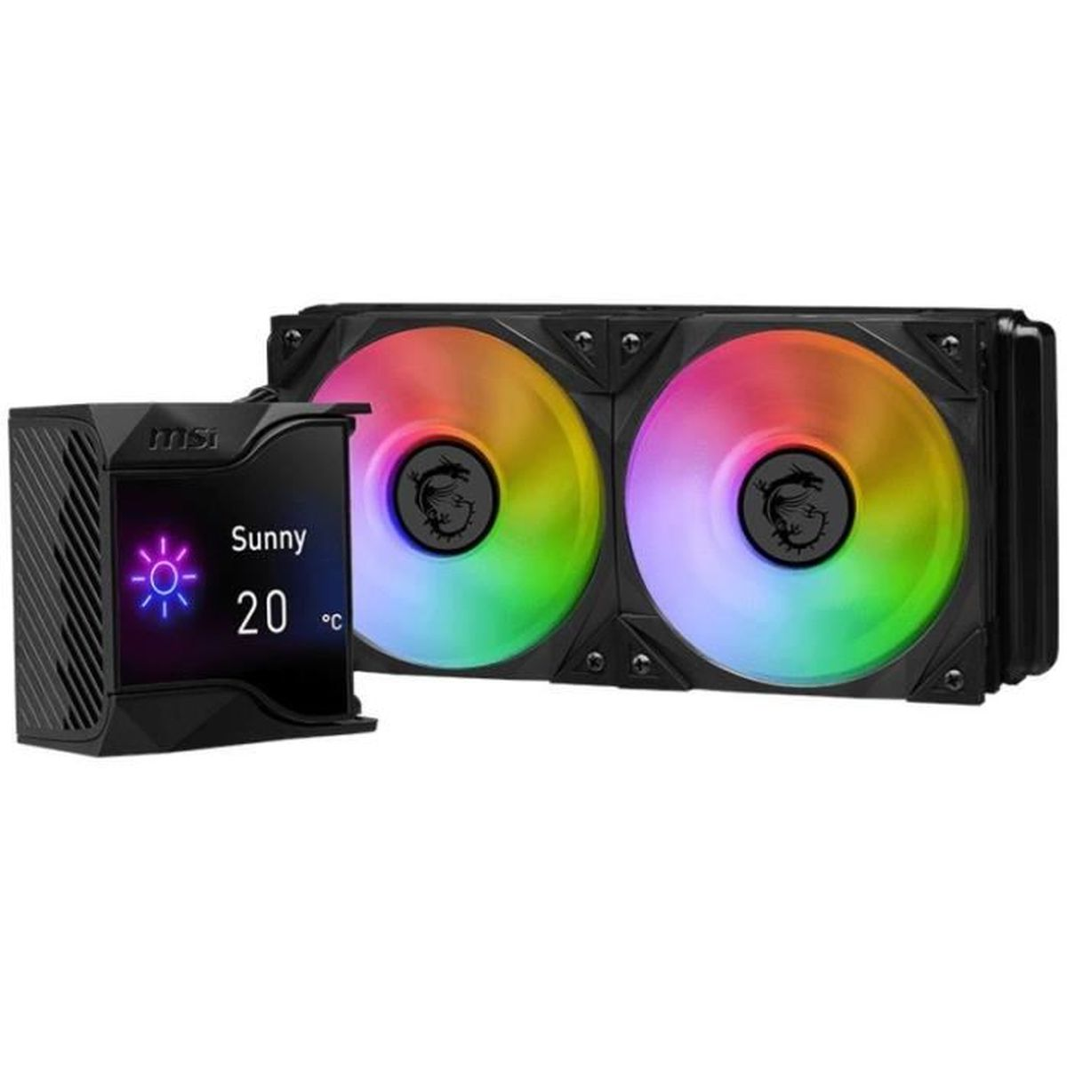 Chłodnica procesora MSI z wentylatorami. Wentylatory mają tęczowe kolory i logo smoka. Wyświetlacz pokazuje 20 stopni i słonecznie.