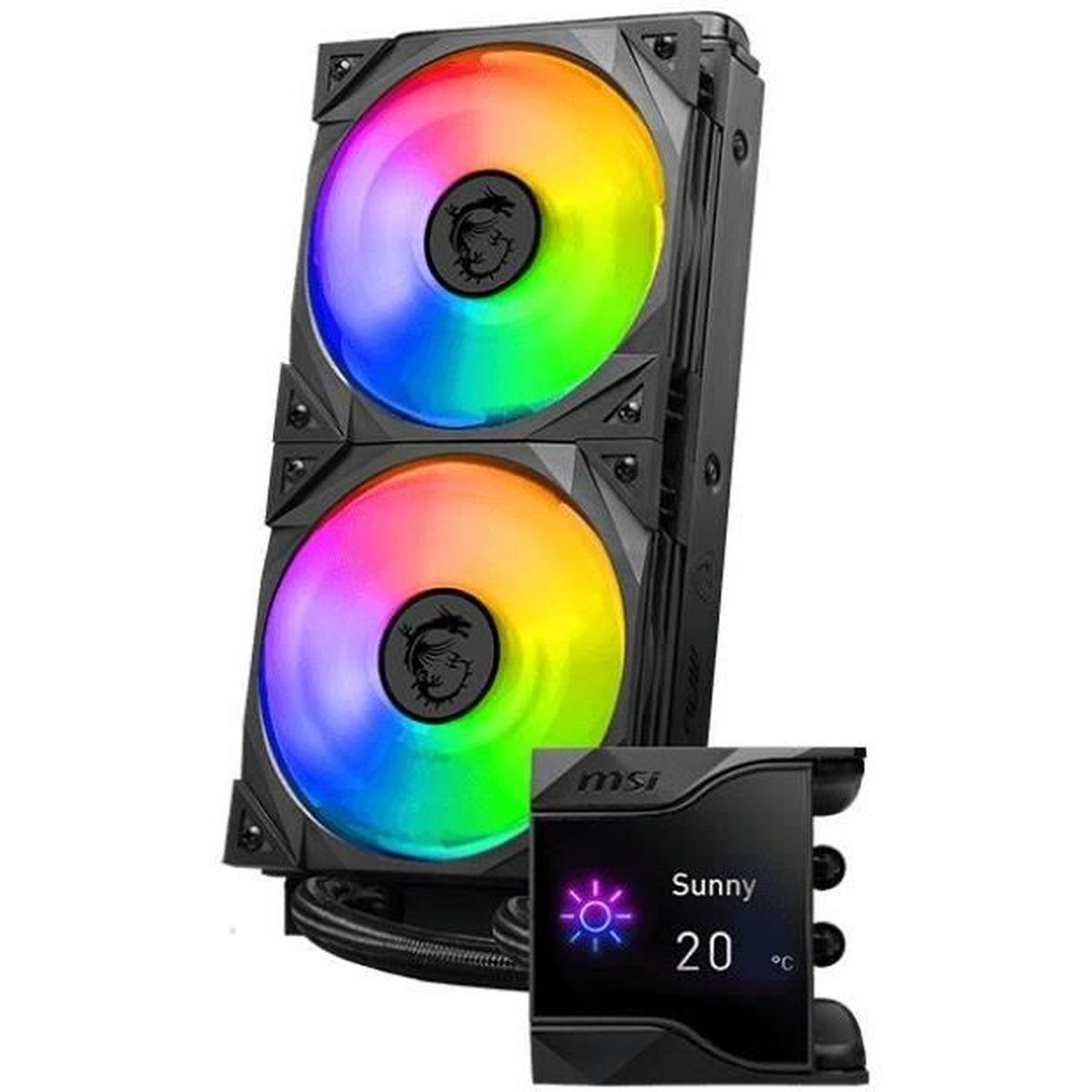 Komponenty komputera z tęczowymi wentylatorami i małym wyświetlaczem pokazującym 'Sunny 20°C'. Widoczne logo MSI.