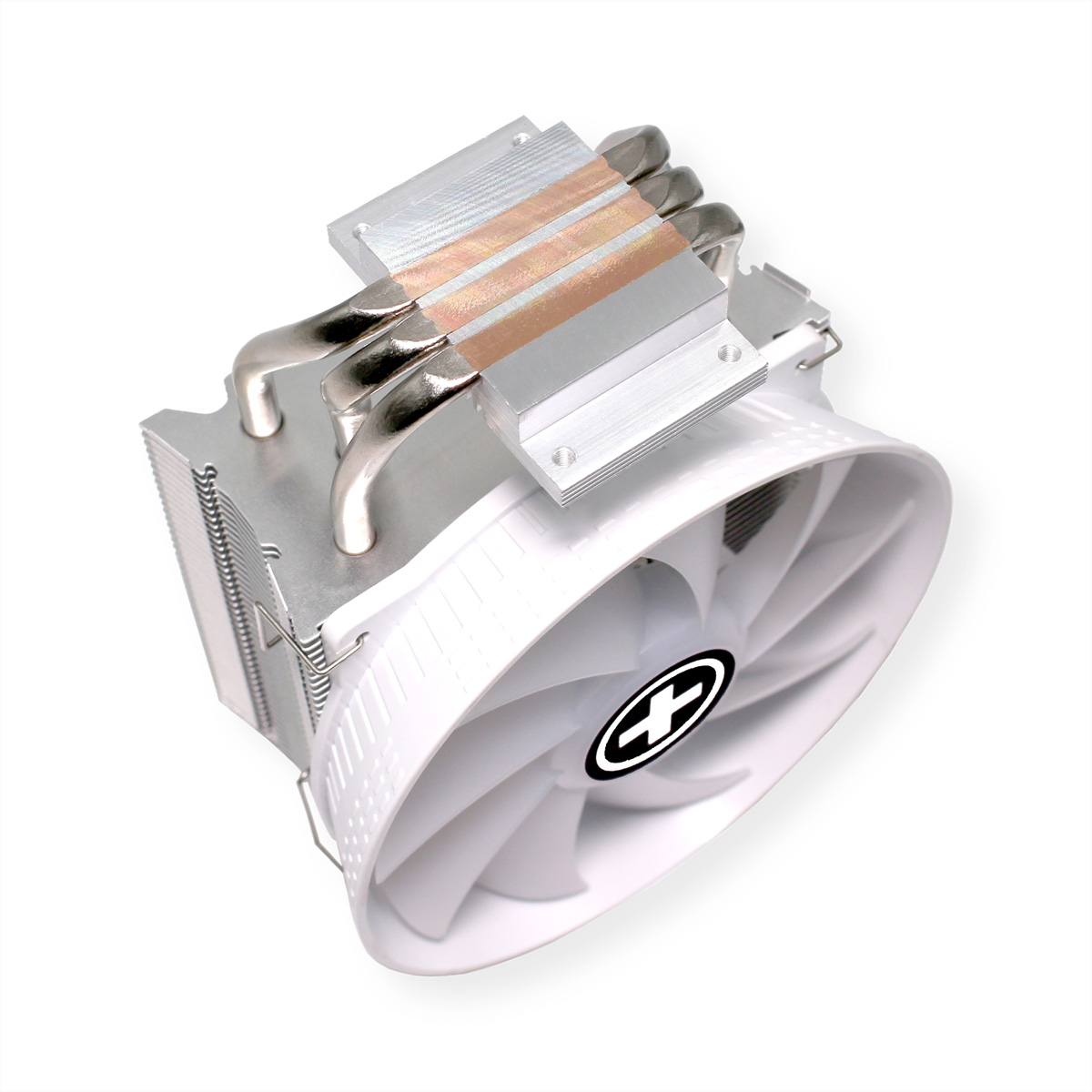 Un refroidisseur d'ordinateur blanc avec un ventilateur et des caloducs. Le ventilateur a un logo noir. Le fond est blanc.