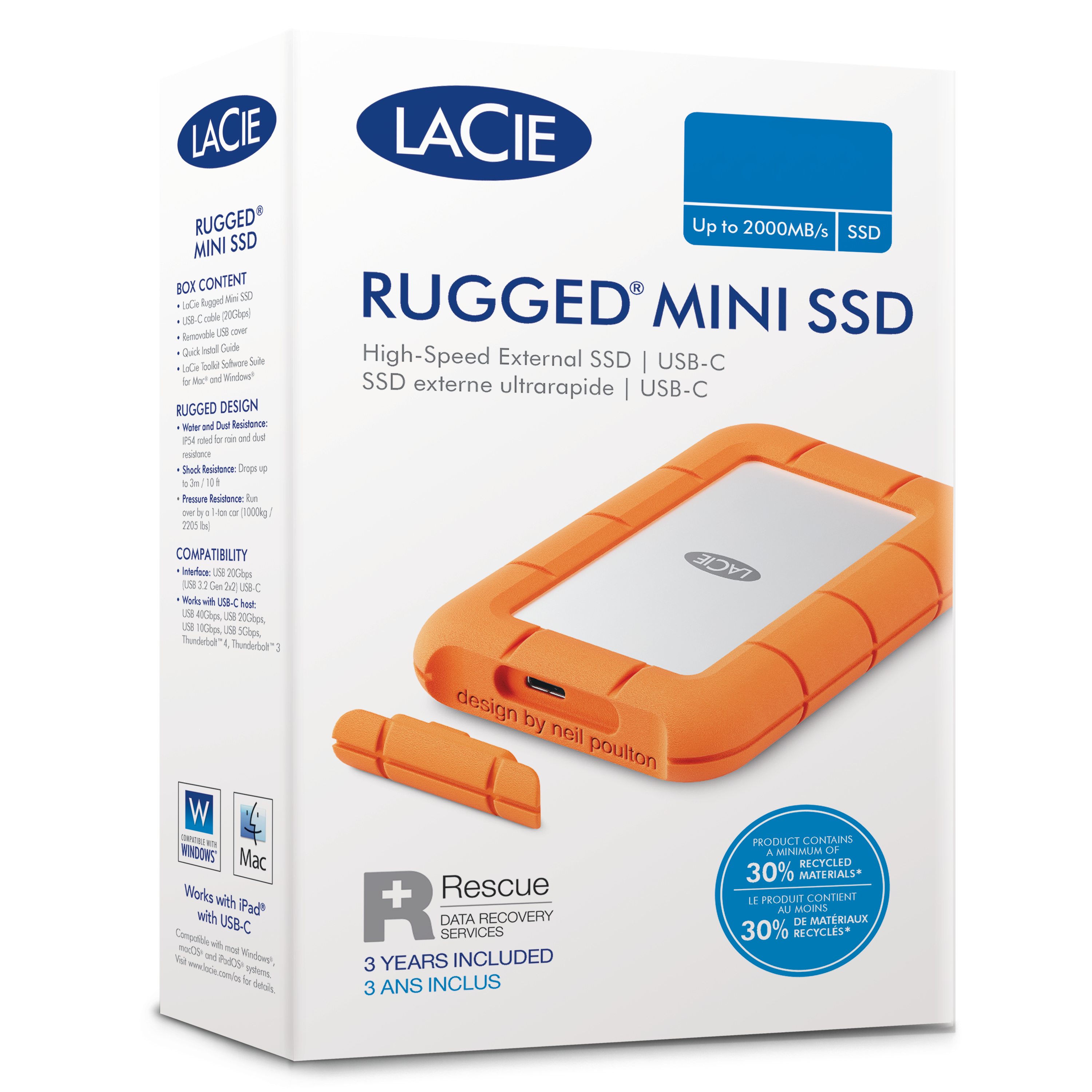 Pomarańczowo-białe pudełko LaCie Rugged Mini SSD. Dysk SSD jest pomarańczowy z białym środkiem. Pudełko ma tekst.