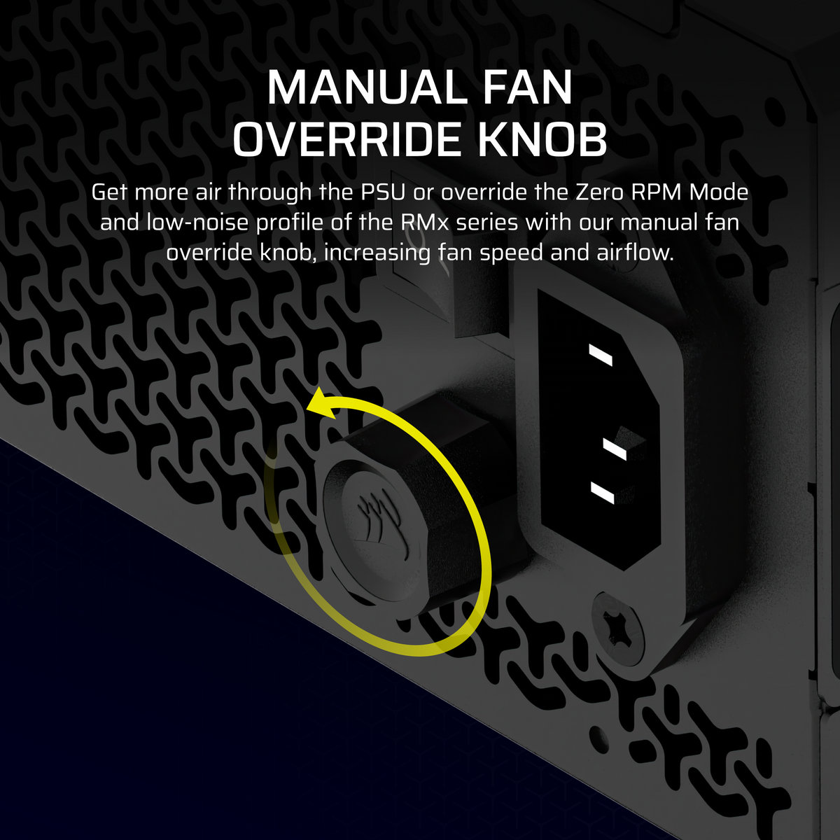 Zbliżenie elementu komputera z pokrętłem 'Manual Fan Override'. Żółta strzałka podkreśla funkcję pokrętła.