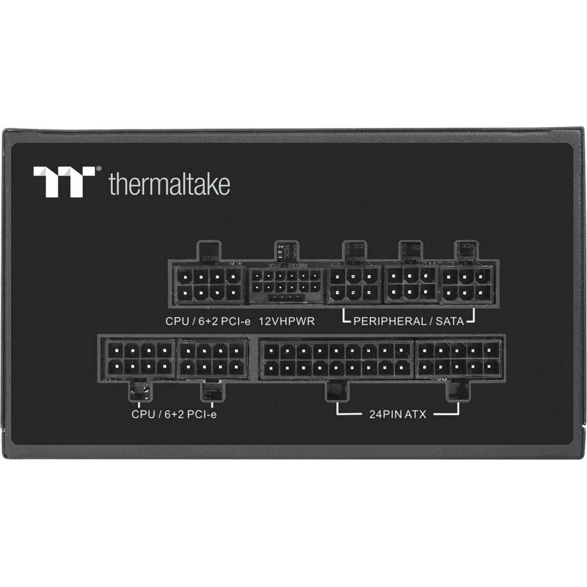 Czarny zasilacz Thermaltake. Posiada wiele złączy oznaczonych jako CPU, 12VHPWR, peripheral/SATA i 24PIN ATX.