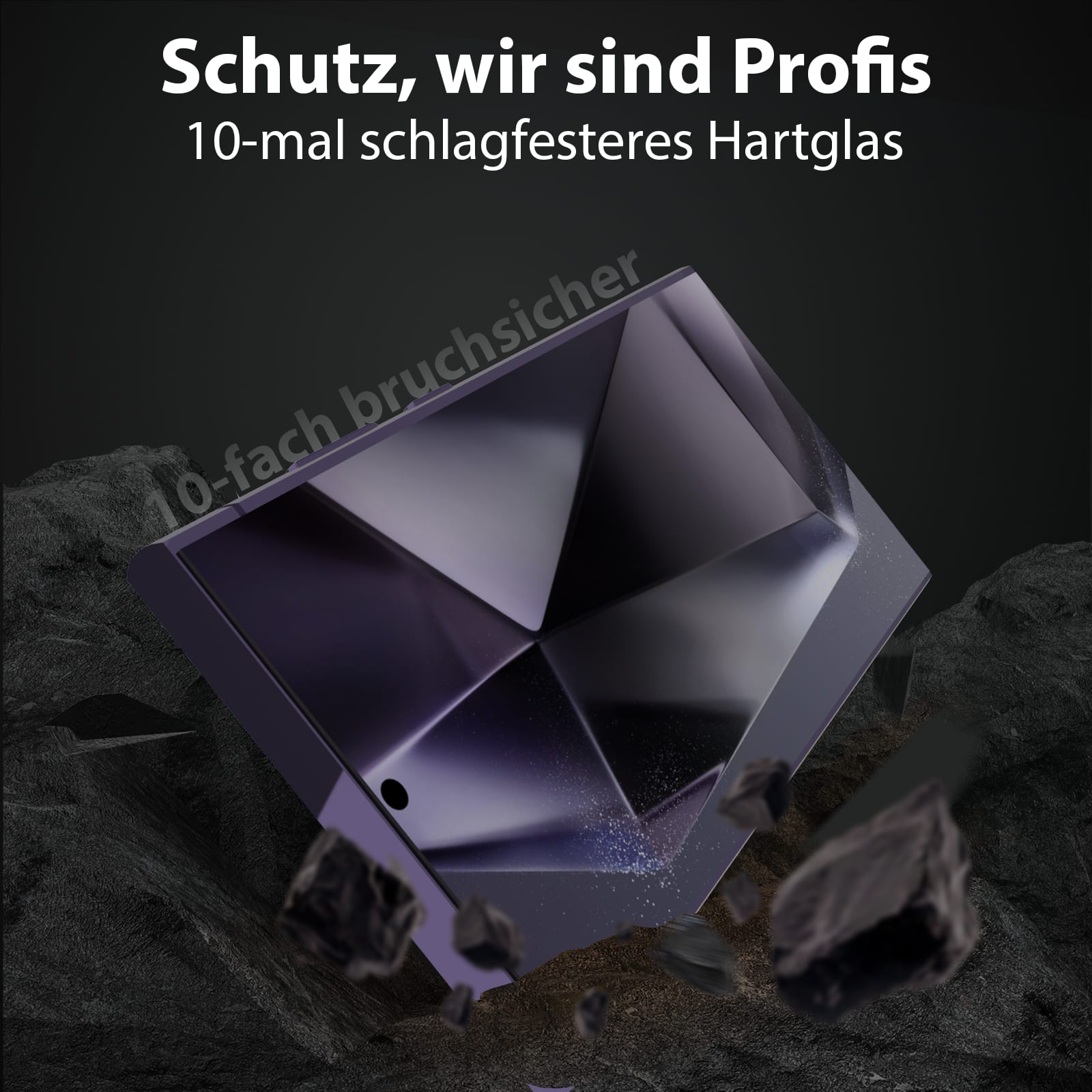 Ein lila, facettiertes Glasobjekt mit Text, vor dunklem Hintergrund mit Felsen. Text: 'Schutz, wir sind Profis'.