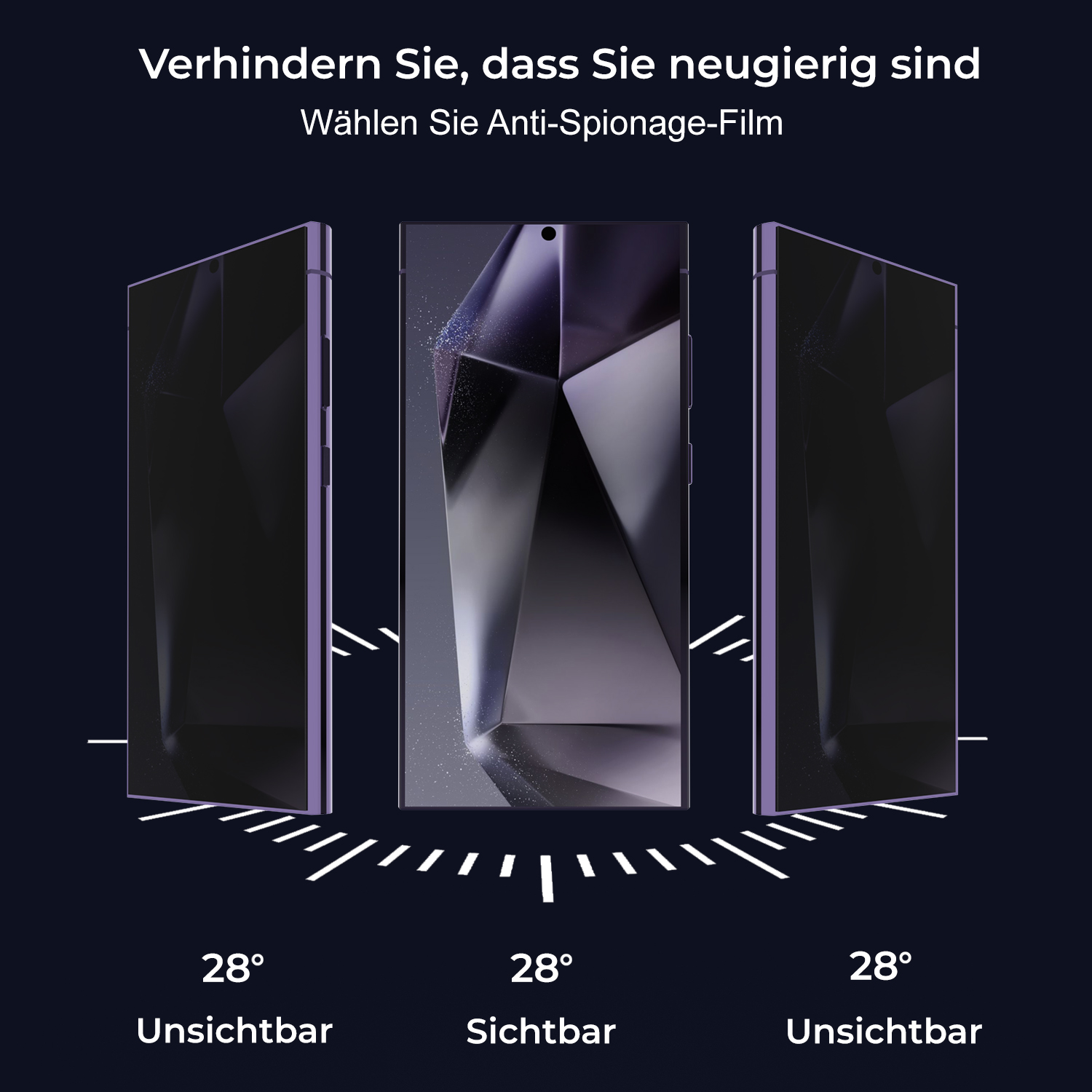 Drei Telefone, Mitte sichtbar, Seiten unsichtbar. Text oben und unten. 28° sichtbar, 28° unsichtbar.