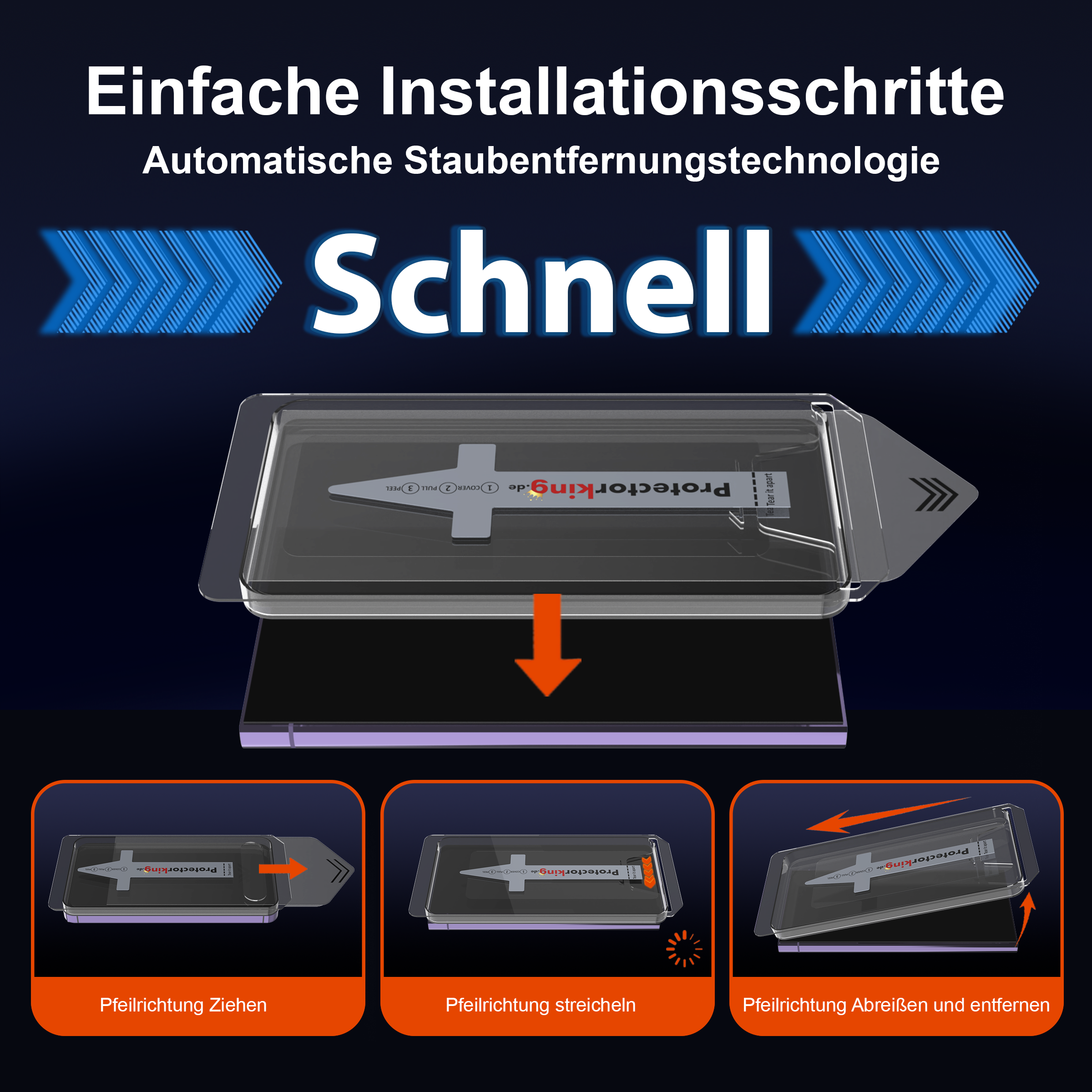 Anleitung zur Anbringung der Displayschutzfolie. Verpackung mit Pfeilen und Textanweisungen auf dunkelblauem Hintergrund.