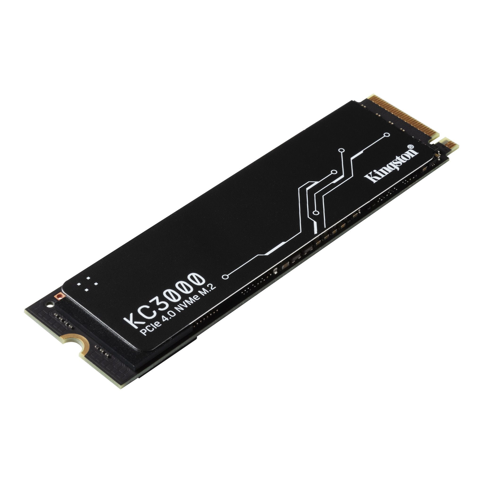 Czarny dysk SSD Kingston KC3000 PCIe 4.0 NVMe M.2 na białym tle. Widoczne logo i specyfikacje Kingston.