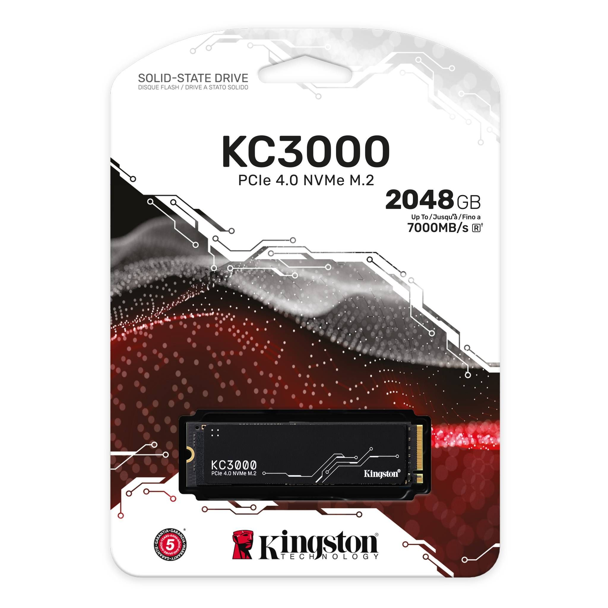 Dysk SSD Kingston KC3000 PCIe 4.0 NVMe M.2 w opakowaniu. Ma 2048 GB, 5 lat gwarancji i logo Kingston Technology.