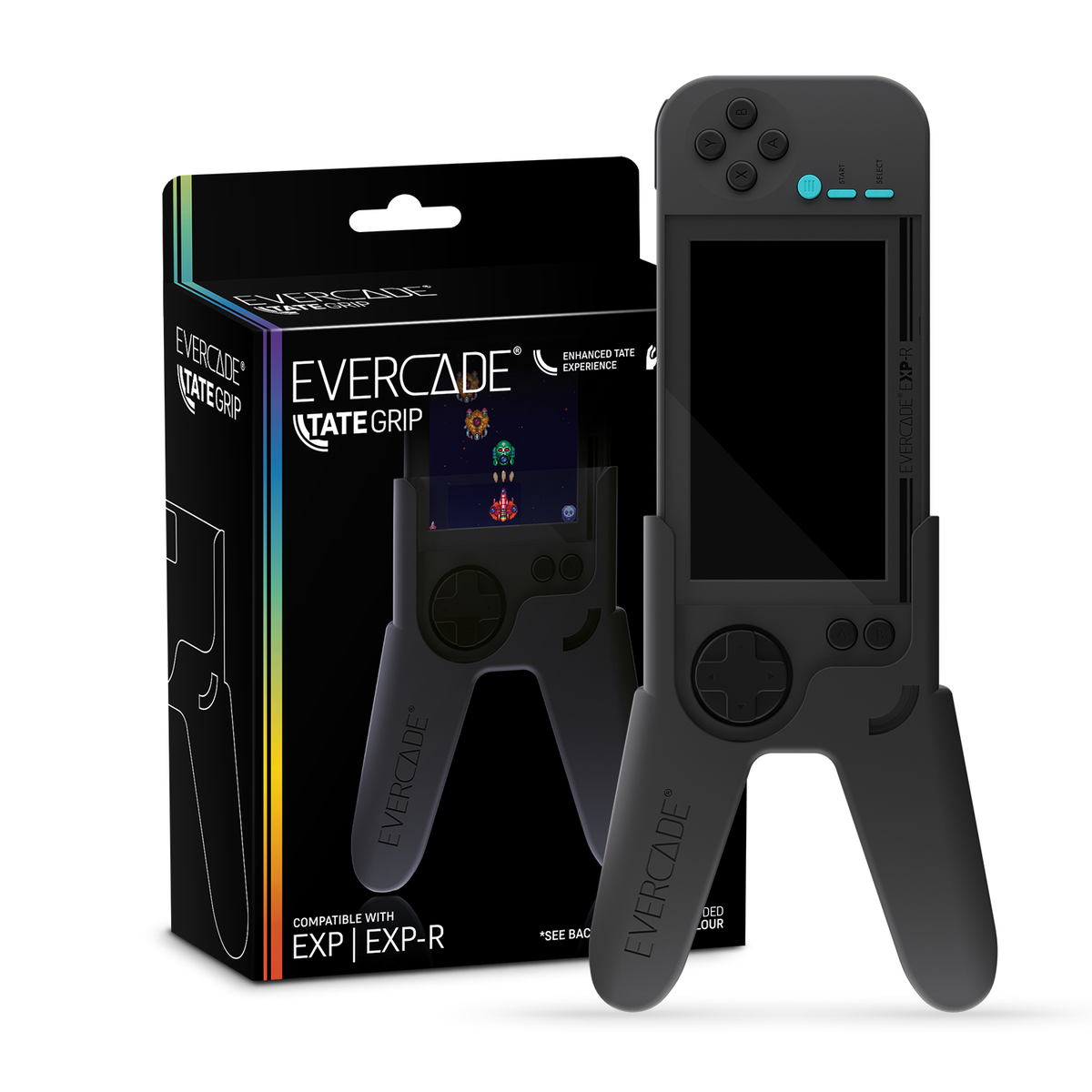 Se muestra un Evercade TATE GRIP negro y una caja. El agarre tiene botones y una pantalla que muestra un juego.