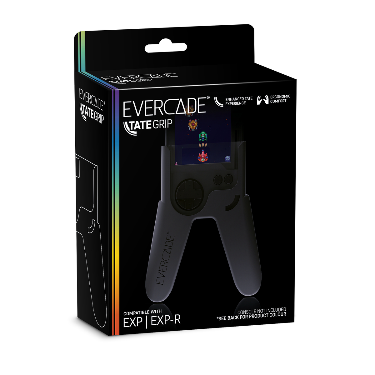 Caja negra de Evercade Tate Grip. El agarre se muestra con una pantalla de juego. El texto incluye 'Evercade', 'Tate Grip' y 'Ergonomic Comfort'.