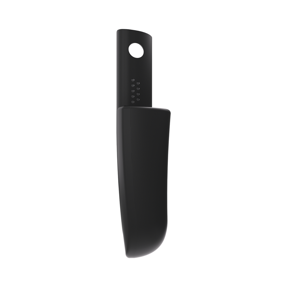 Un dispositivo negro y abstracto. Tiene un mango redondeado con un agujero, un cuerpo rectangular con botones y un extremo curvado en forma de cuchilla.