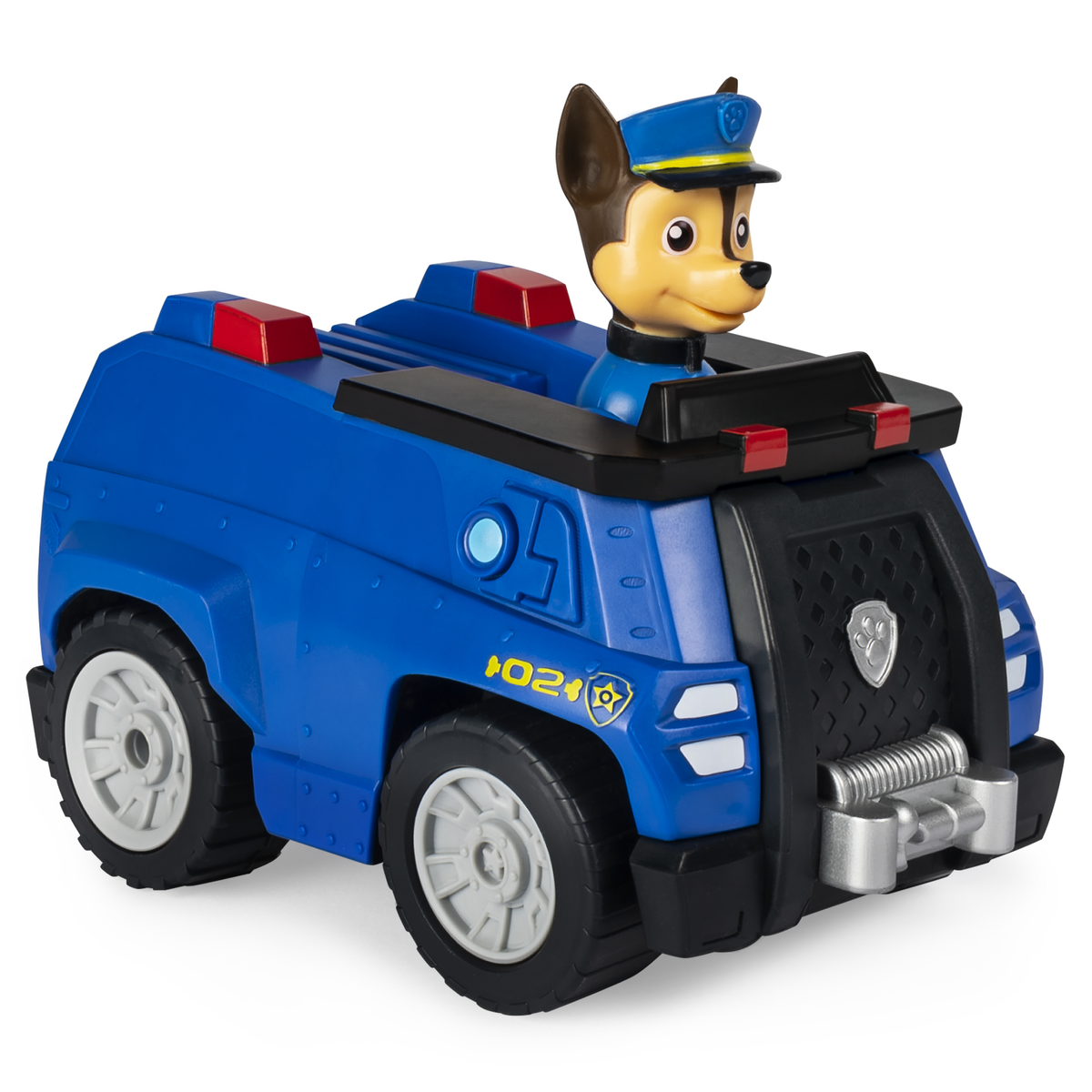 Un coche de policía de juguete azul con el personaje Chase. Tiene ruedas negras y una rejilla frontal negra.