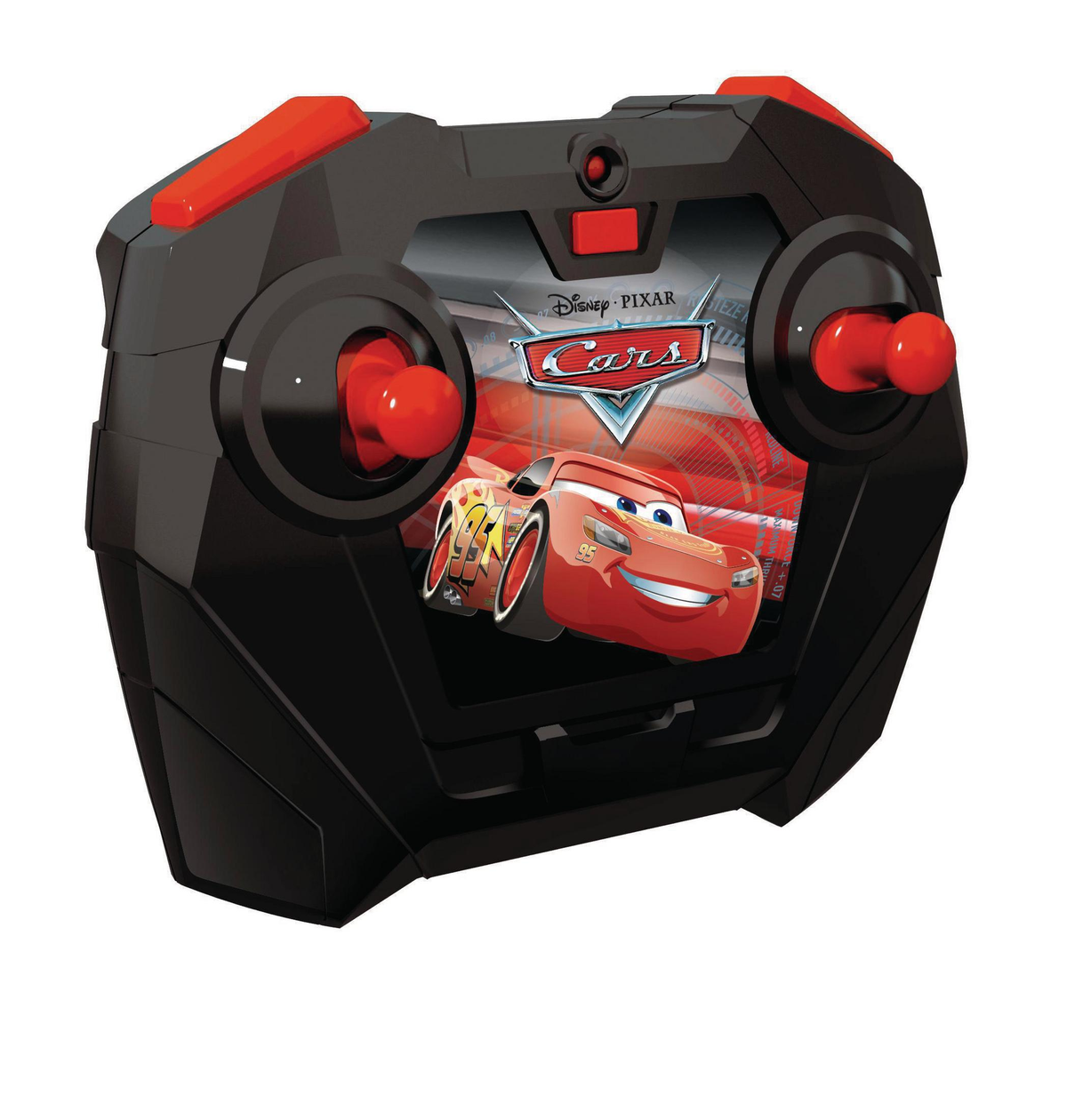 Un mando a distancia negro y rojo con Rayo McQueen de Cars. Se ven botones rojos y una pantalla con el logo de Cars.