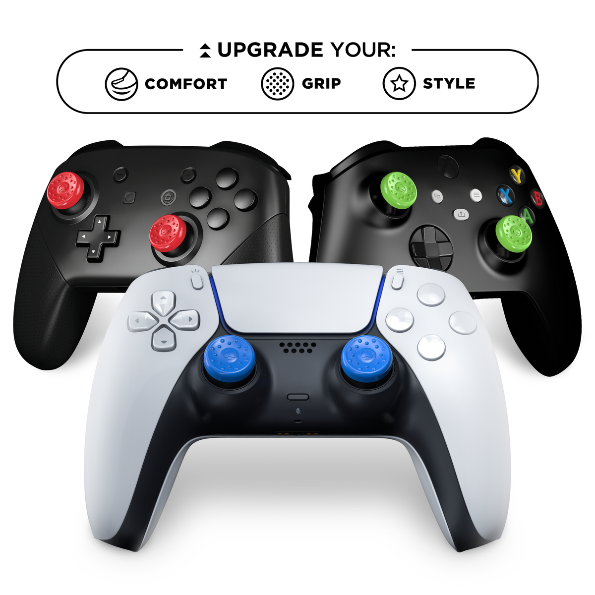 Drei Gamecontroller mit verschiedenfarbigen Thumbsticks. Der Text oben lautet: 'Upgrade your: Comfort, Grip, Style'.