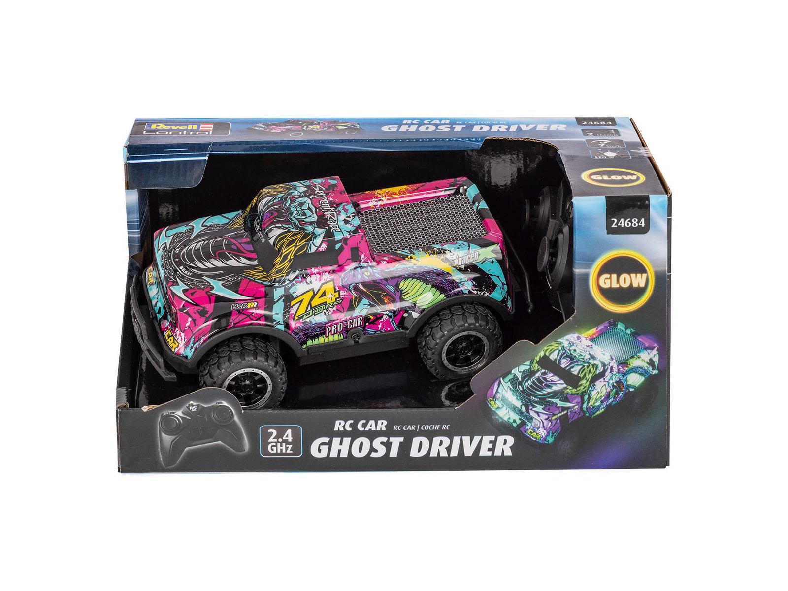 Un coche de juguete RC, el Ghost Driver, en una caja. Tiene un diseño colorido con el número 74. La caja dice 'Glow'.