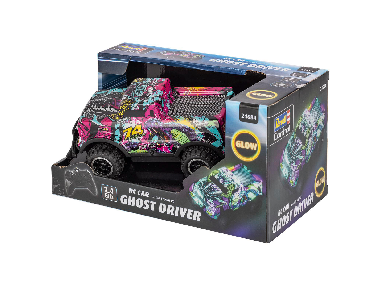 Un coche RC colorido, llamado Ghost Driver, en su caja. La caja detalla las características del coche.