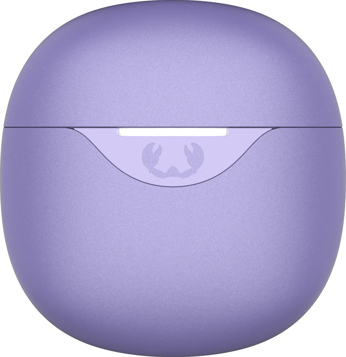 Zbliżenie fioletowego, owalnego etui na słuchawki. Ma jaśniejszy fioletowy akcent z logo na środku.