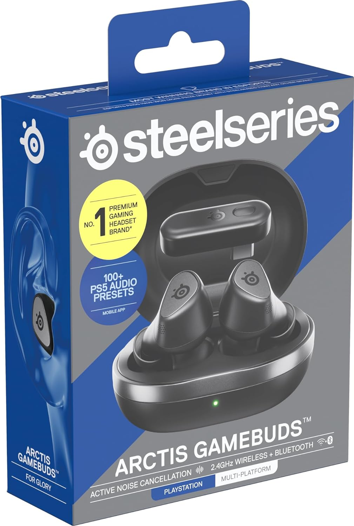 Scatola di Arctis Gamebuds, auricolari neri, logo steelseries e dettagli su cancellazione del rumore e compatibilità PlayStation.