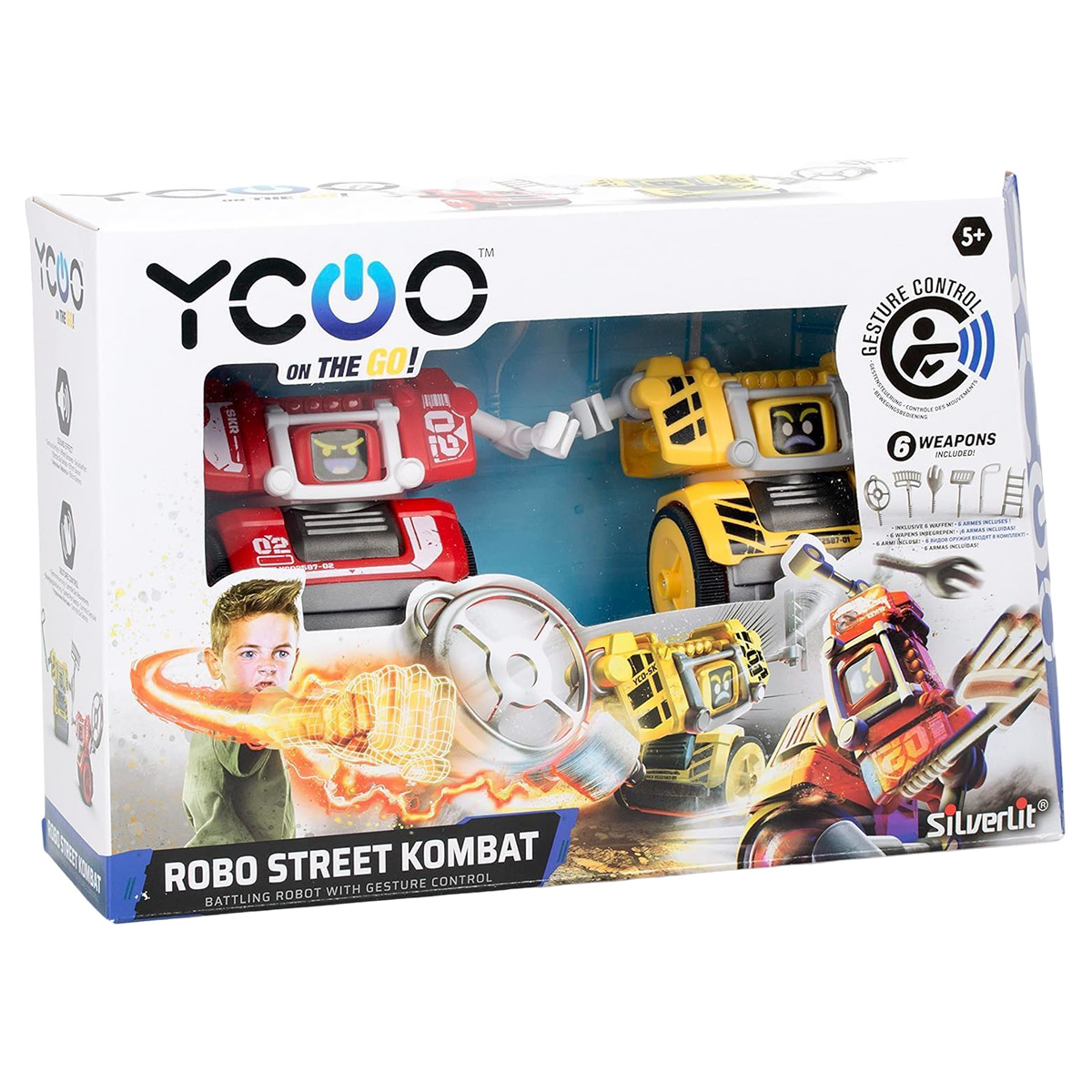 Eine Schachtel zeigt Robo Street Kombat-Spielzeuge. Rote und gelbe Roboter sind abgebildet. Ein Junge wird mit leuchtender Hand gezeigt.