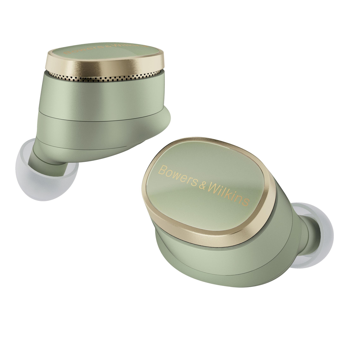 Zwei kabellose Ohrhörer, olivgrün mit goldenen Akzenten, auf weißem Hintergrund. Markenname Bowers & Wilkins sichtbar.