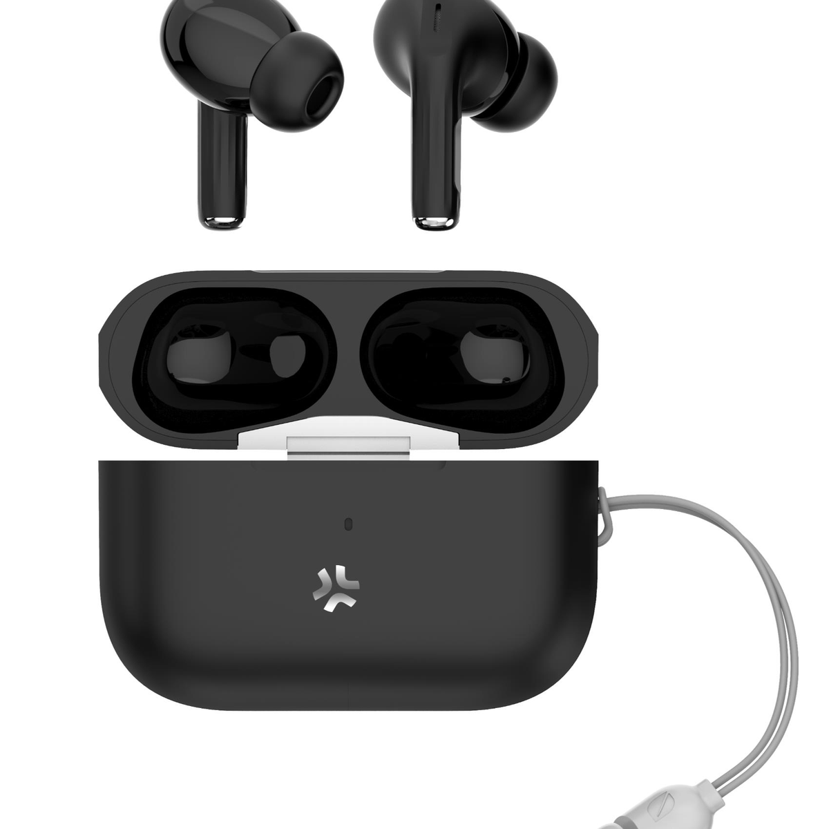 Auricolari wireless neri con custodia di ricarica. Gli auricolari sono sopra la custodia aperta. La custodia ha un cinturino grigio.