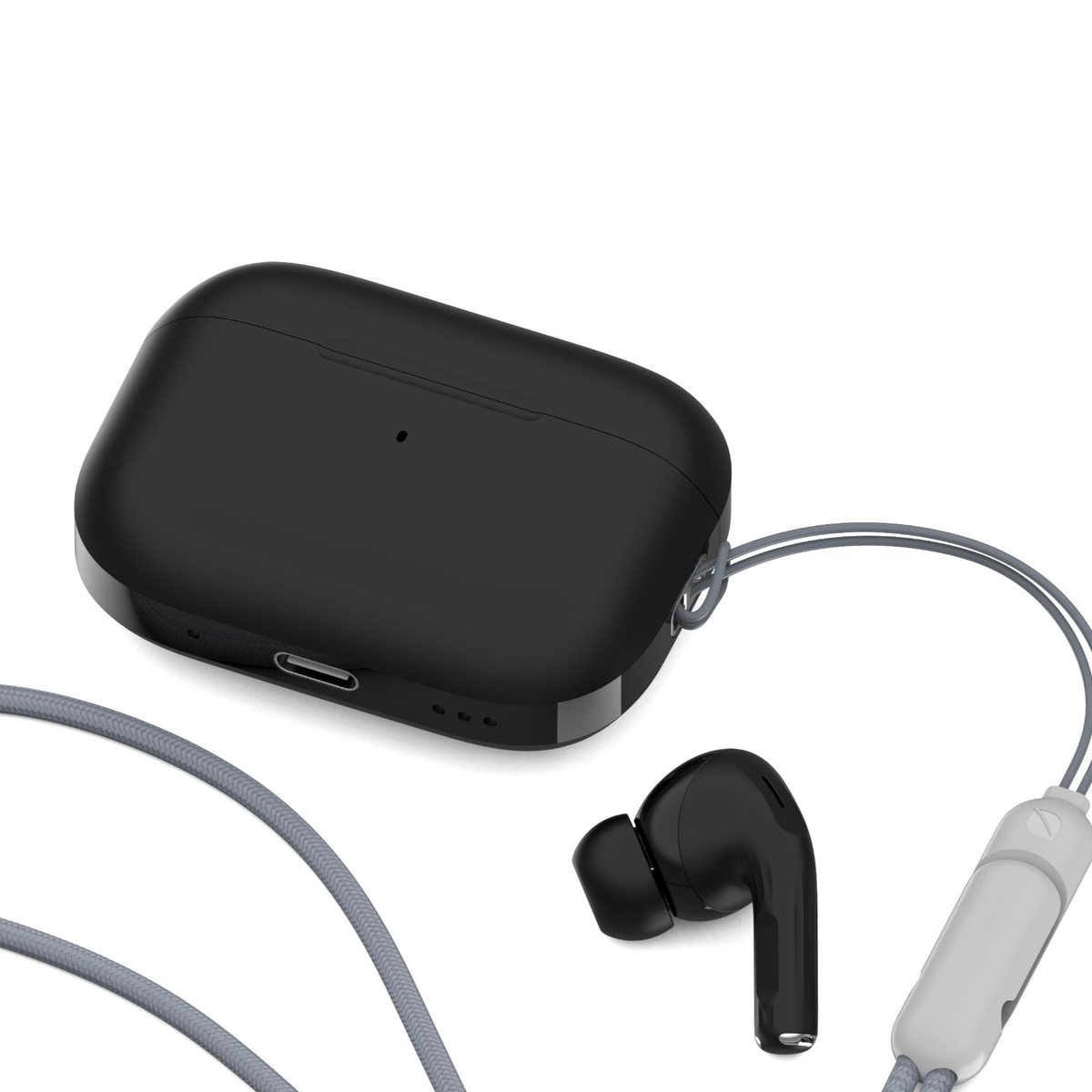 Auricolari wireless e custodia di ricarica neri su una superficie bianca. Un cavo grigio è collegato alla custodia e a un auricolare.
