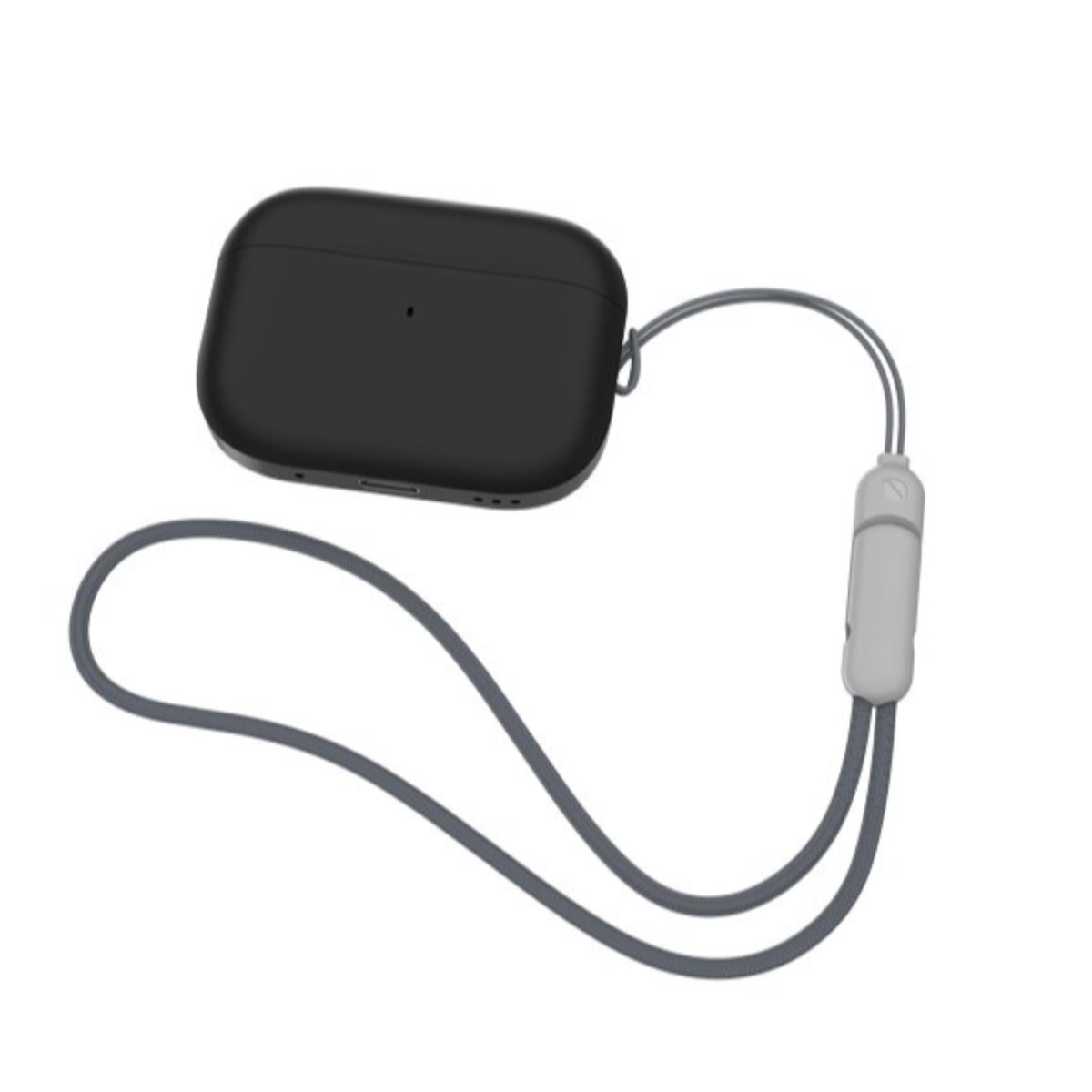 Custodia nera per auricolari con cinturino grigio. La custodia è rettangolare. Il cinturino ha un fermaglio bianco.