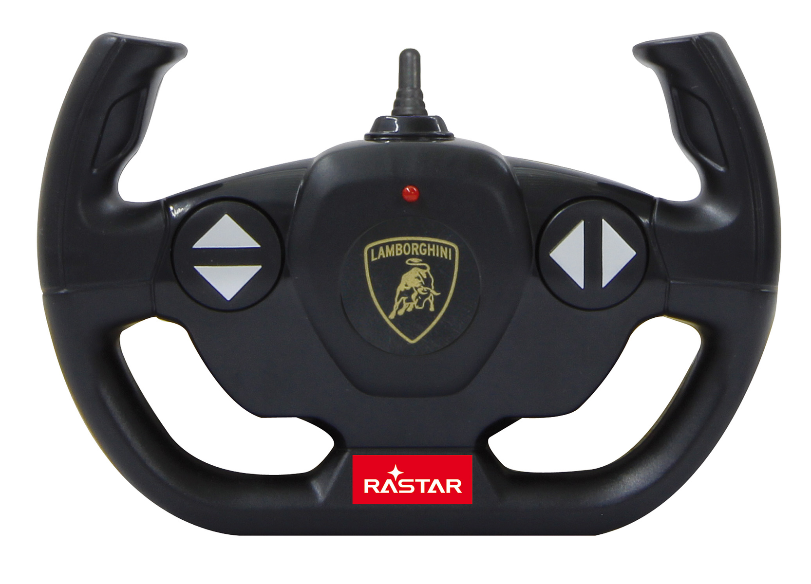 Mando a distancia Lamborghini negro. Incluye botones direccionales, asas, antena y el logotipo de Lamborghini.
