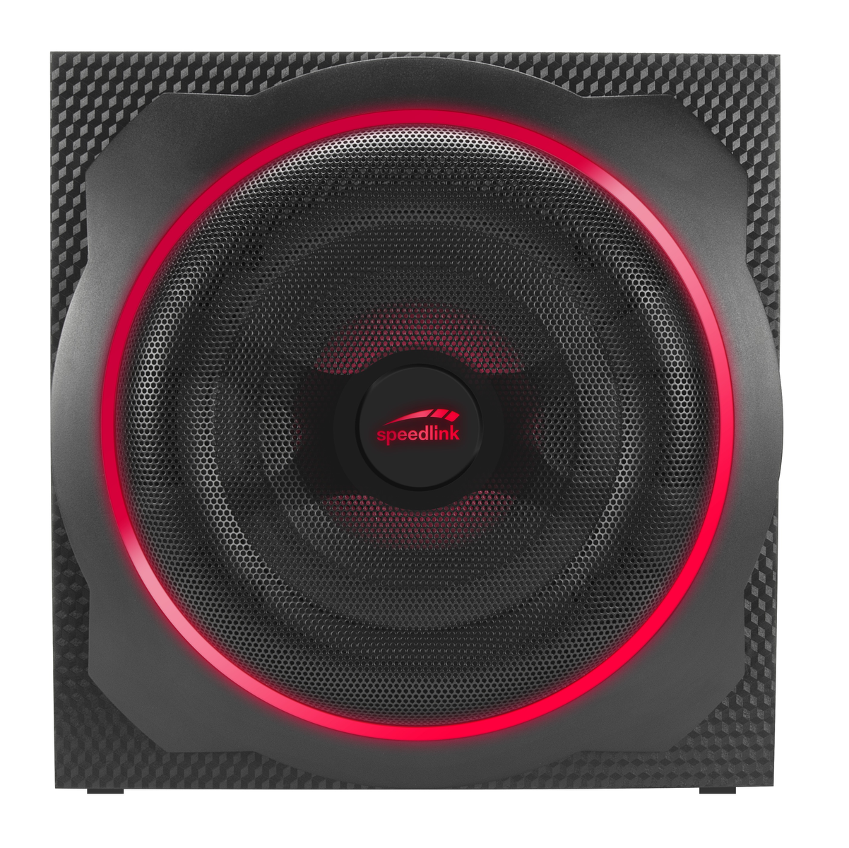 Ein schwarzer Lautsprecher mit rotem Leuchtring. Die Mitte hat das Speedlink-Logo. Der Hintergrund hat eine gemusterte Textur.