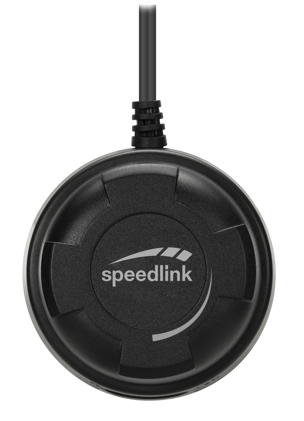 Ein schwarzes Speedlink-Gerät mit Kabel. Das Gerät ist rund mit Logo und weißem Hintergrund.