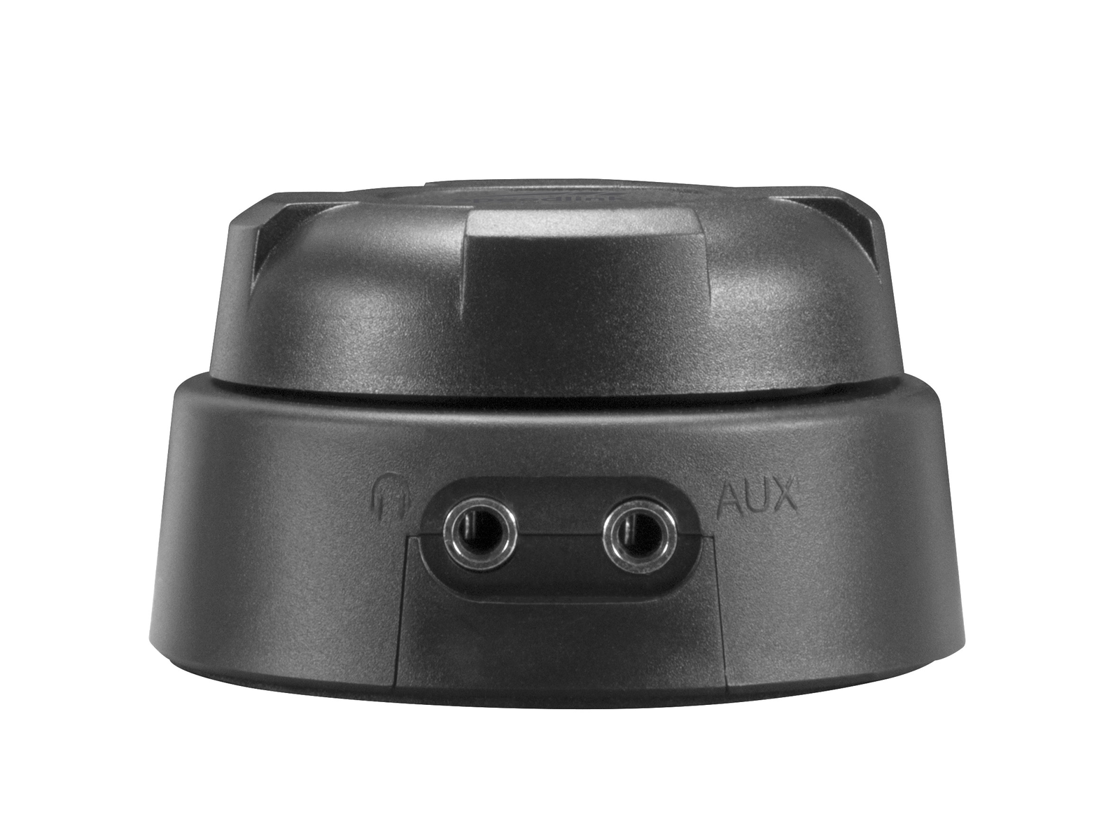 Ein schwarzes, kreisförmiges Gerät mit zwei Eingangsanschlüssen mit der Aufschrift 'AUX' und einem Kopfhörersymbol.