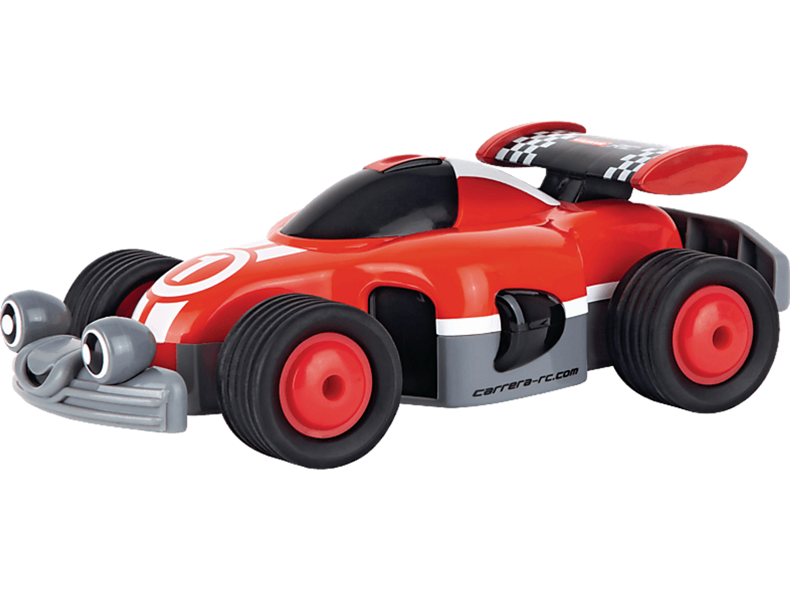 Un coche de carreras rojo de juguete con alerón negro, detalles grises y el número 1. Las ruedas son negras y rojas.
