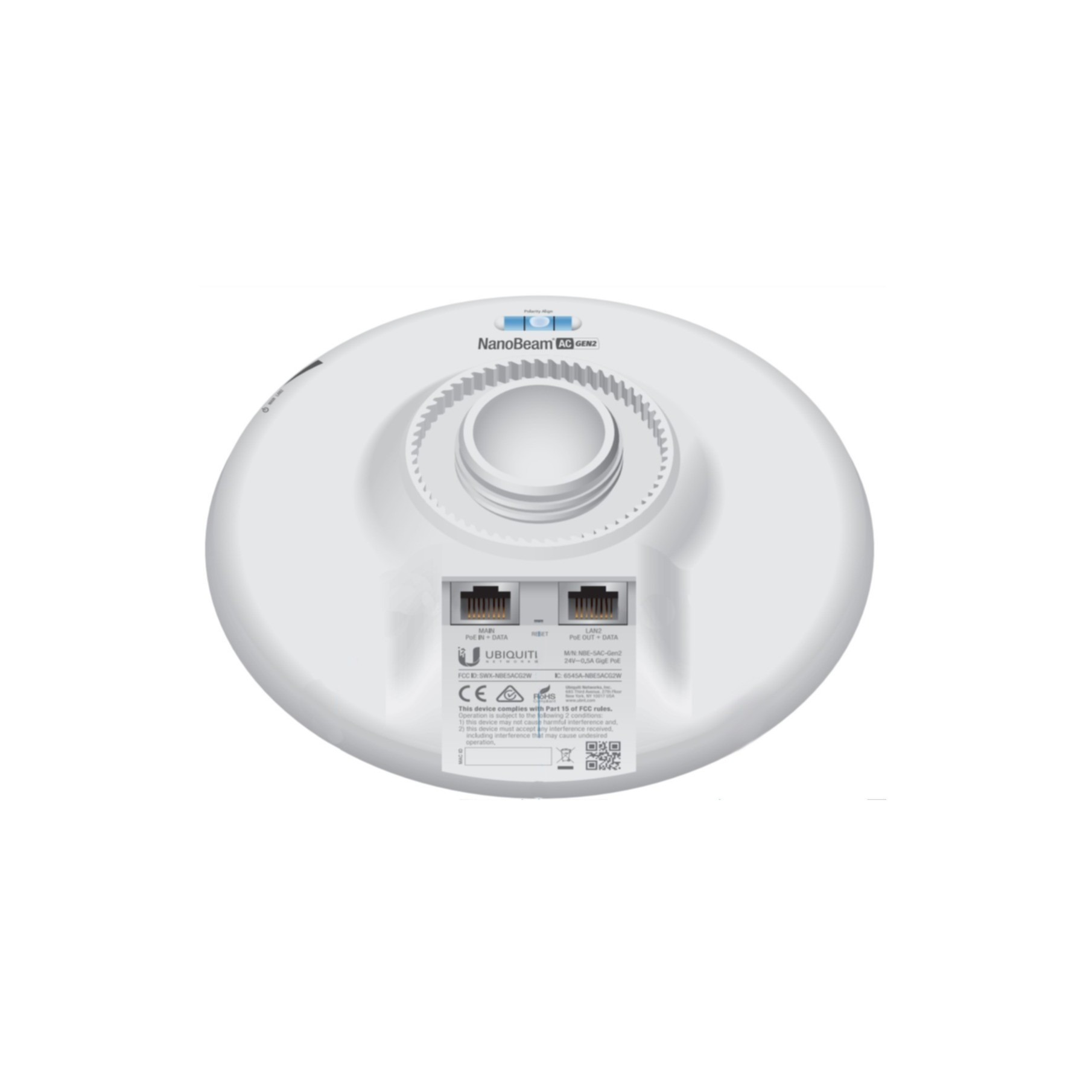 Weißes NanoBeam AC GEN2 Gerät. Verfügt über ein kreisförmiges Design mit Anschlüssen und Etiketten. Enthält das Ubiquiti Networks Logo und CE-Kennzeichnung.