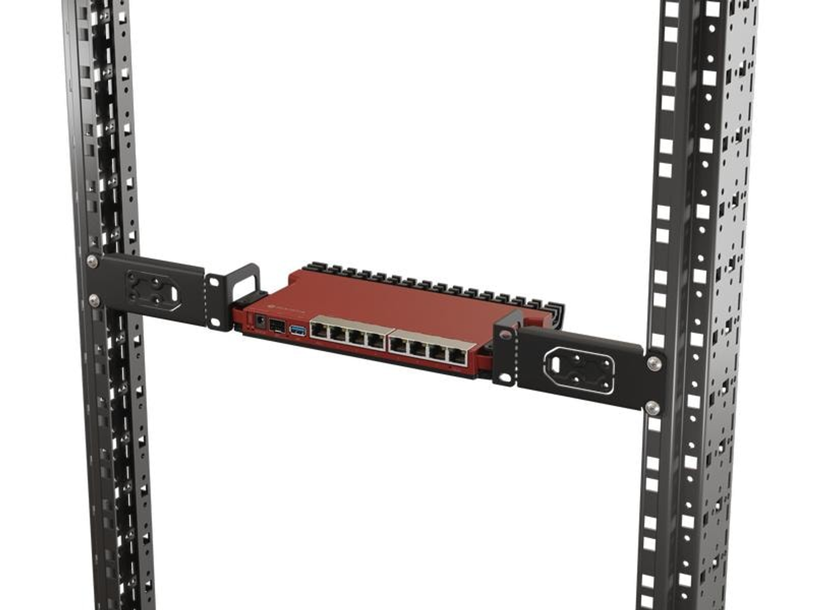 Czerwone urządzenie sieciowe jest zamontowane w czarnej szafie serwerowej. Urządzenie ma kilka portów i jest zabezpieczone czarnymi wspornikami.