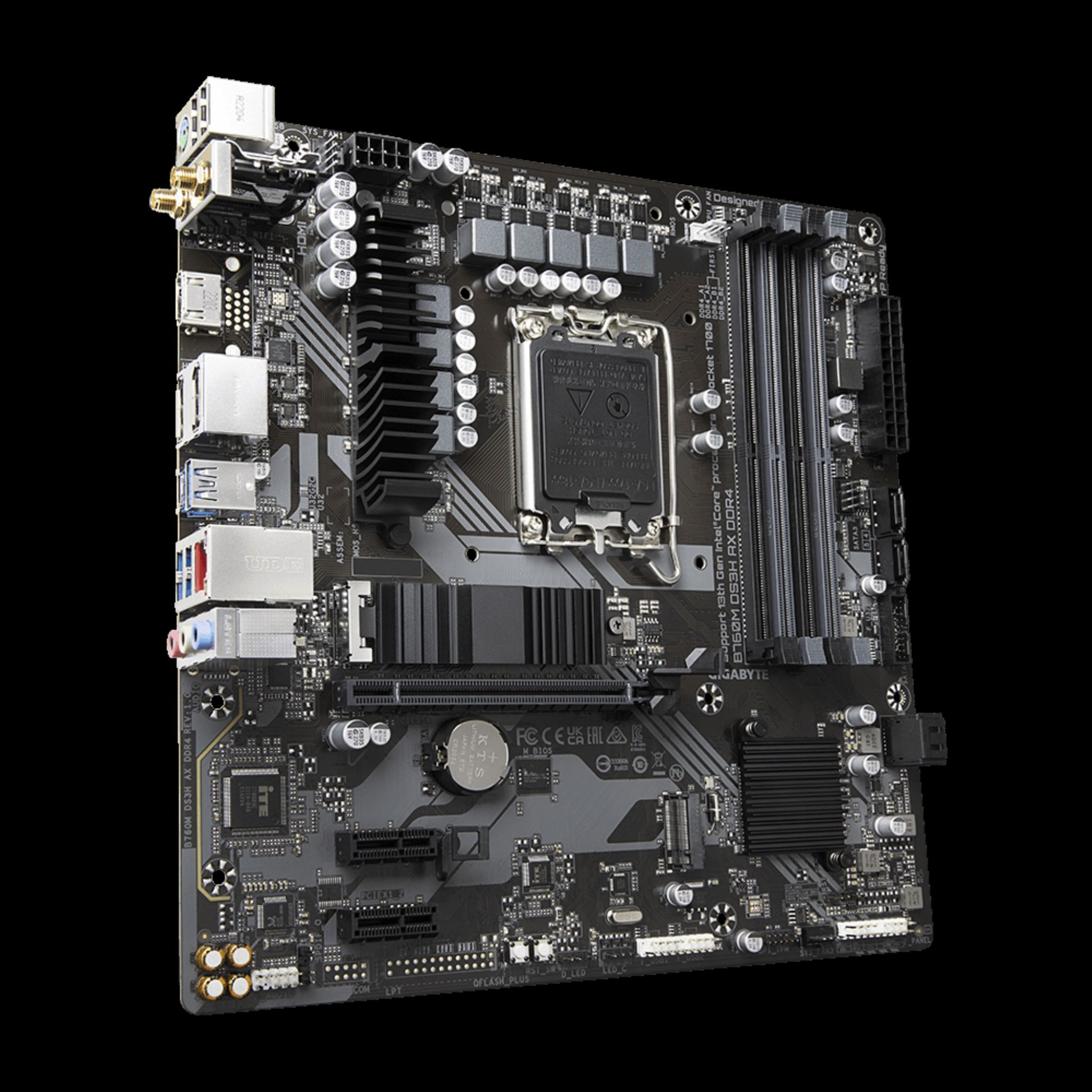 Una scheda madre per computer su sfondo nero. Presenta vari componenti come slot, porte e un socket CPU. I colori sono nero e grigio.