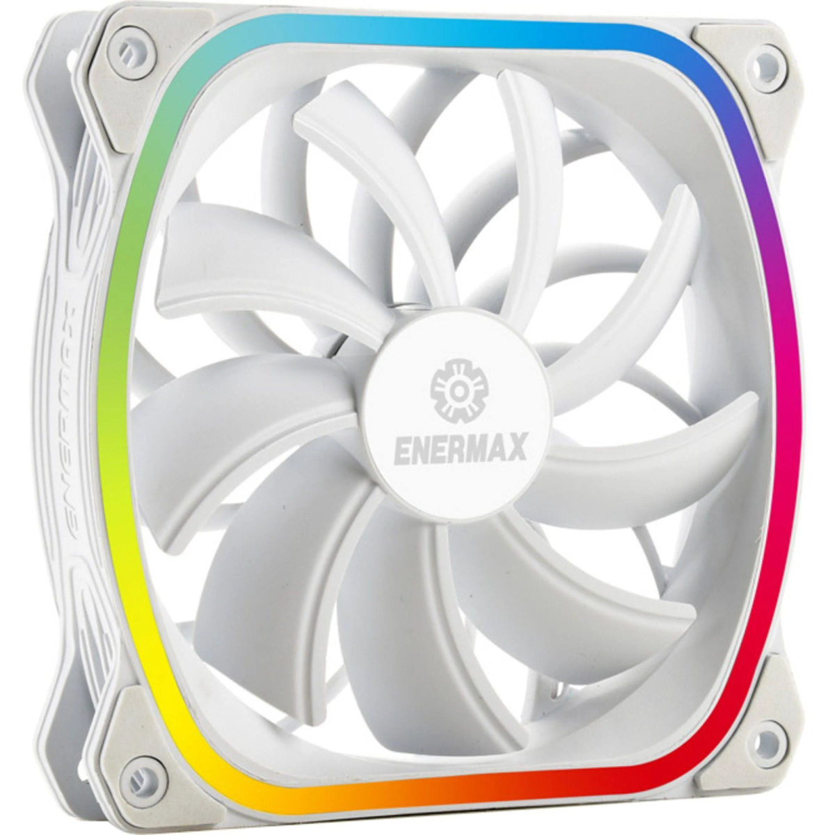 Weißer Computerlüfter mit Regenbogen-LED-Rand und Enermax-Logo in der Mitte. Die Flügel sind weiß und der Rahmen ist weiß.