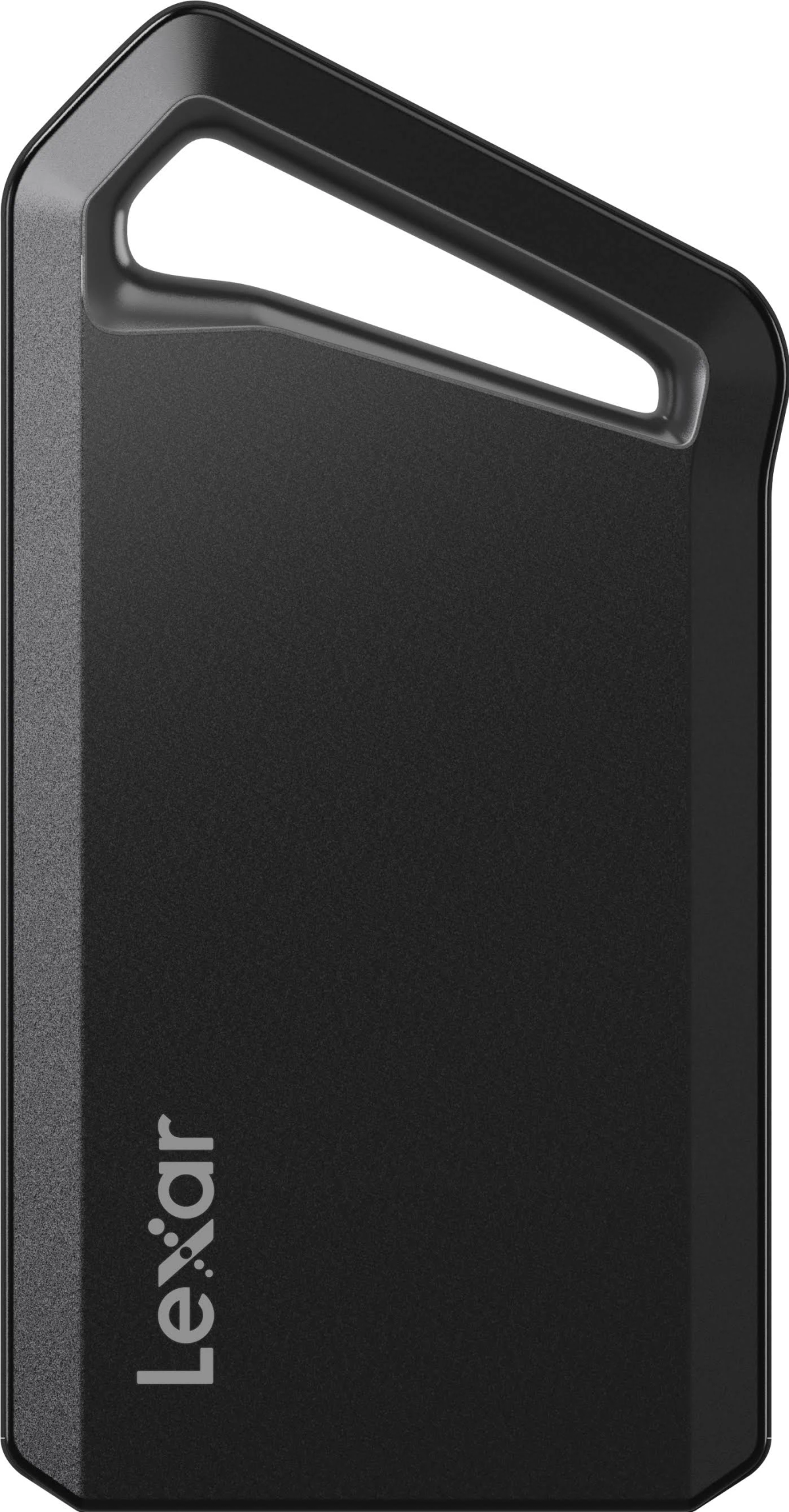 Czarny pendrive Lexar z zakrzywionym uchwytem. Dysk ma teksturowaną powierzchnię i widoczne logo Lexar.