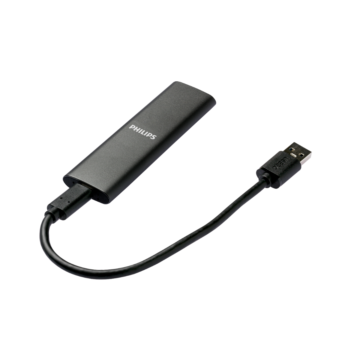 Ein Philips USB-Adapter auf weißem Hintergrund. Er hat ein schwarzes Kabel und einen rechteckigen, dunkelgrauen Körper mit dem Philips-Logo.