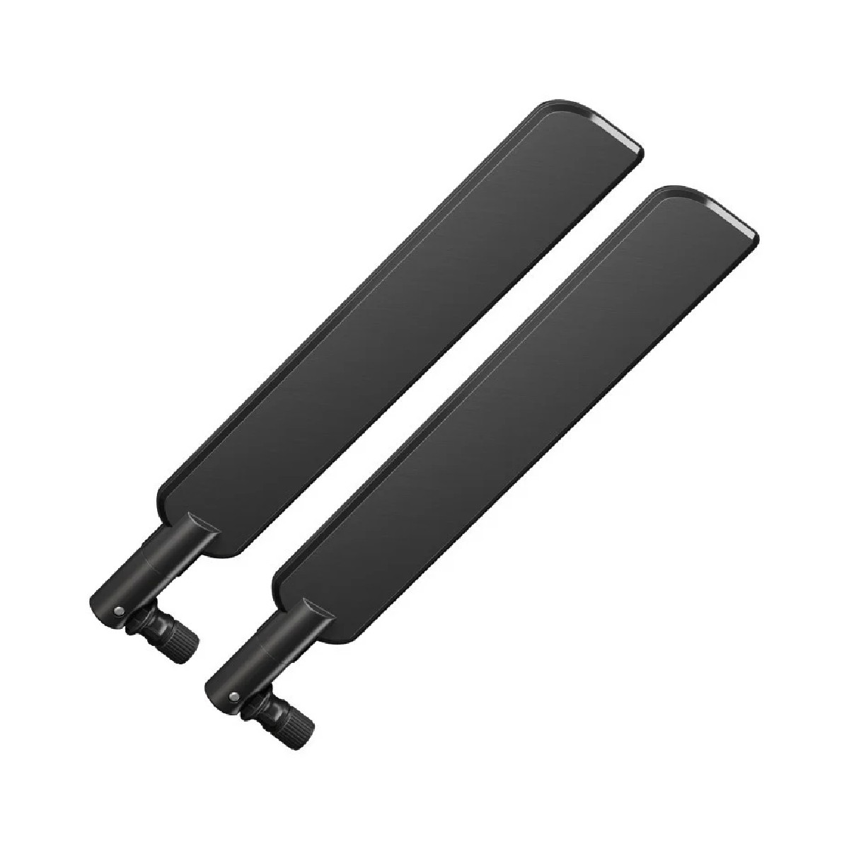 Dwie czarne, prostokątne anteny na białym tle. Mają złącze na dole. Szczyty są zaokrąglone.