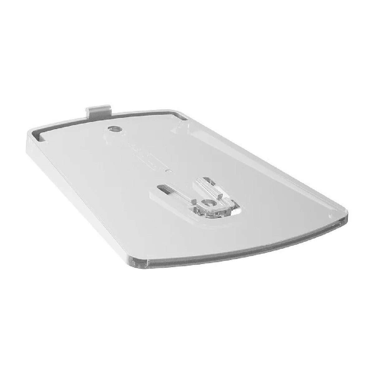 Biały, plastikowy, prostokątny przedmiot z zaokrąglonymi rogami. Ma podniesioną krawędź i kilka małych, prostokątnych wycięć.