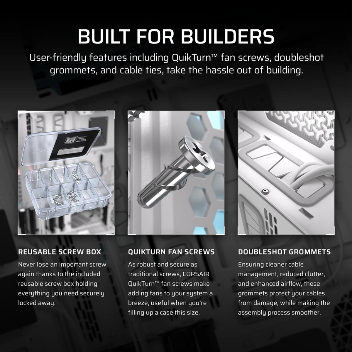 Obraz przedstawia komponenty komputera: pudełko na śruby, śrubę wentylatora QuikTurn i przelotki doubleshot. Tekst podkreśla funkcje dla budowniczych.
