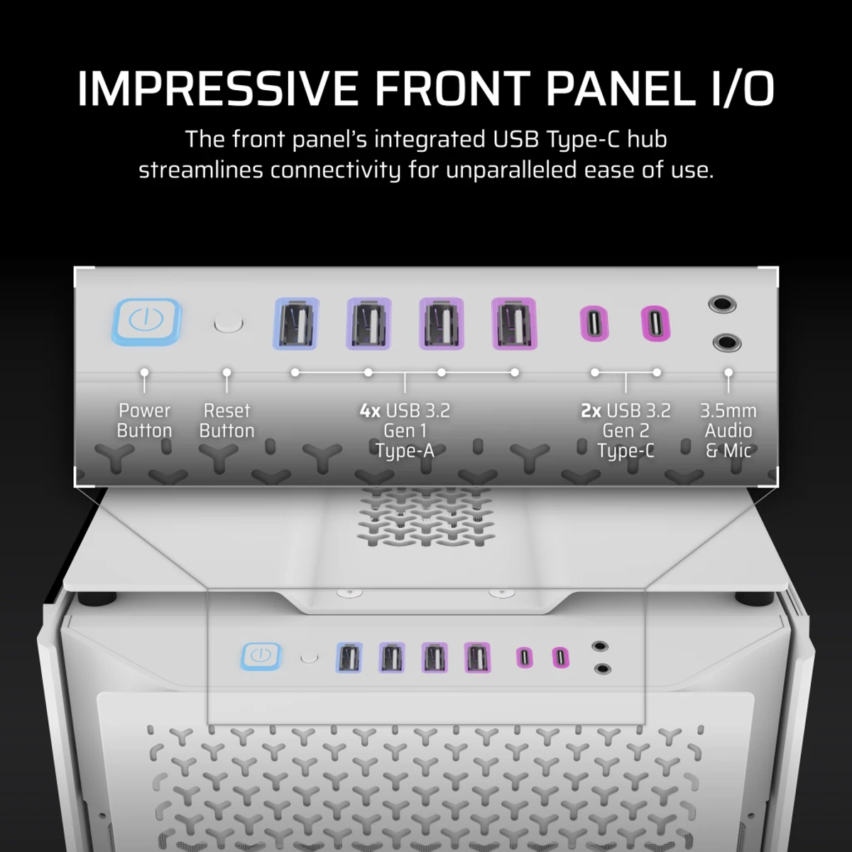 Biały panel przedni komputera z portami USB, gniazdami audio i przyciskami oznaczonymi jako Zasilanie, Reset i typy USB.