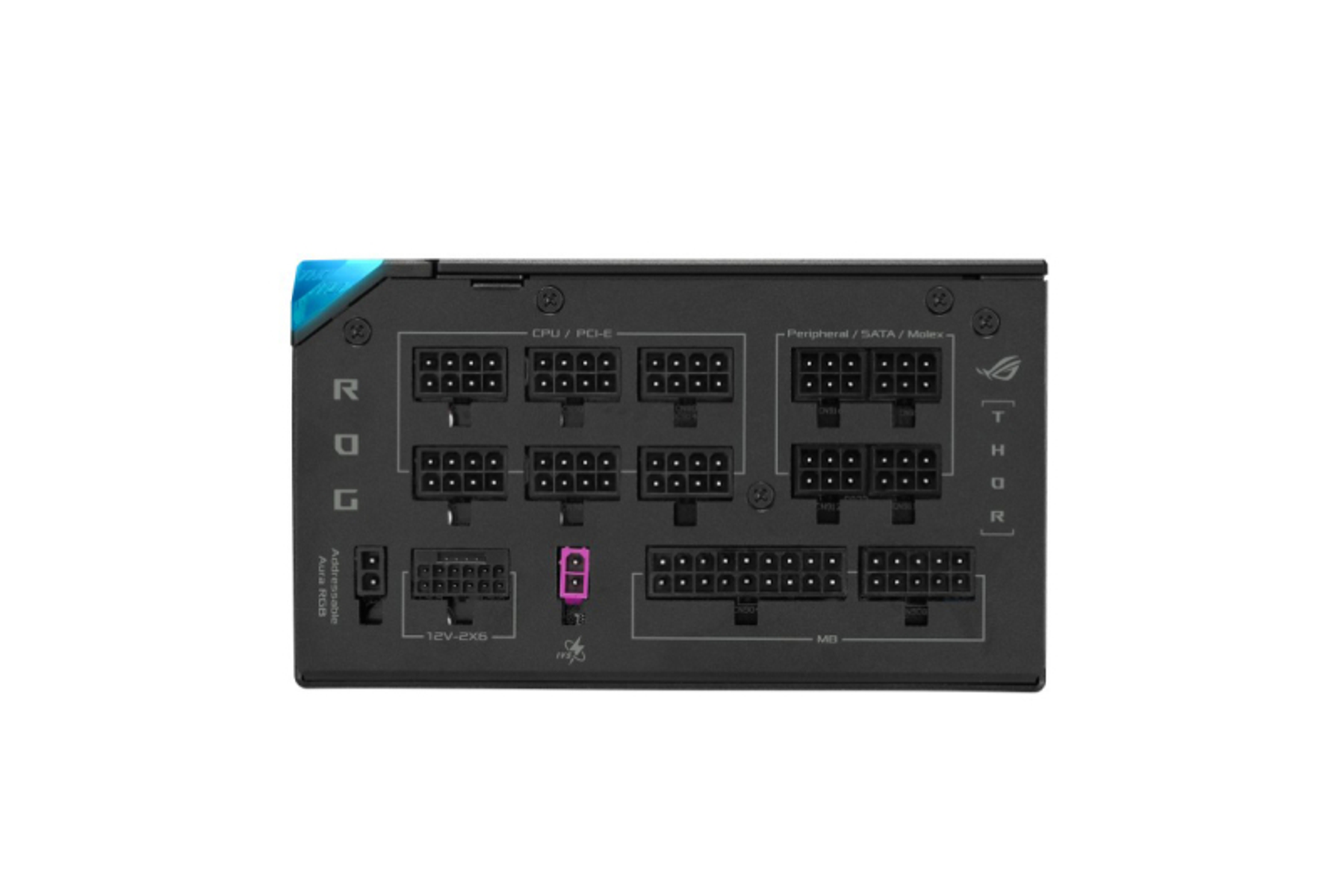 Czarny zasilacz z wieloma portami i złączami. Posiada logo ROG i markę THOR.
