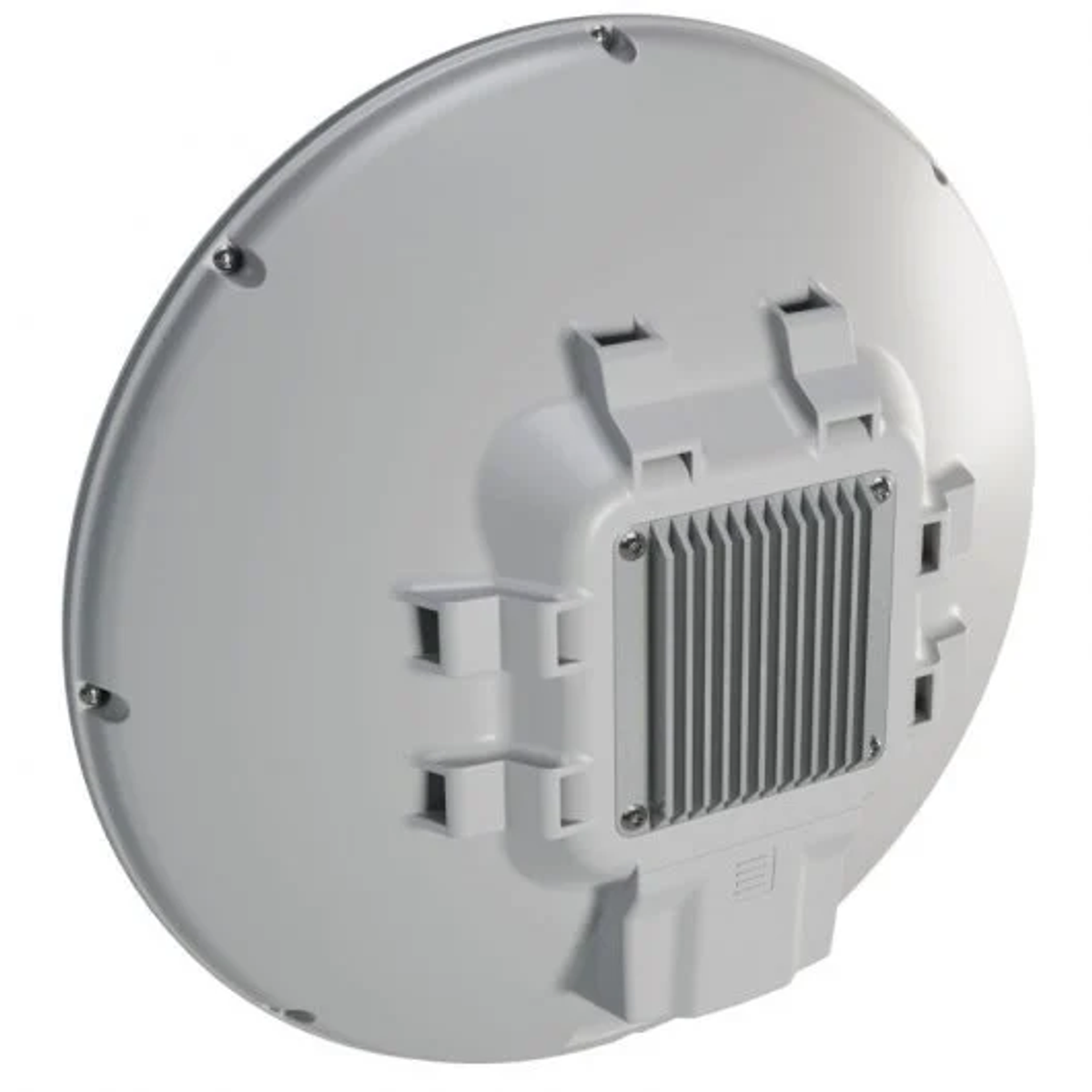 Una antena parabólica blanca y circular. Tiene un componente cuadrado con aletas y una base rectangular, con tornillos visibles.