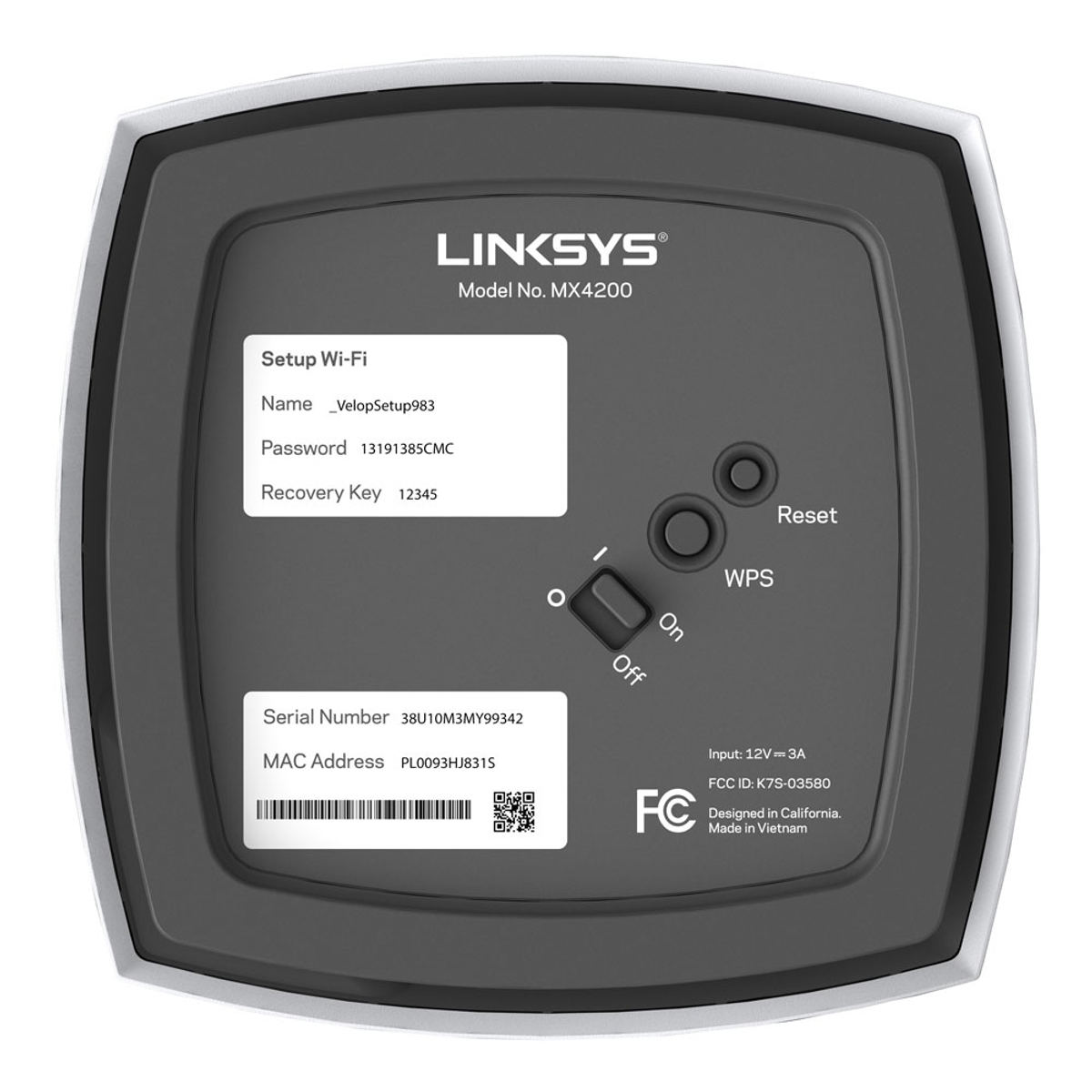 Parte trasera de un router Linksys MX4200 negro. Tiene información de configuración, número de serie, dirección MAC y botones.