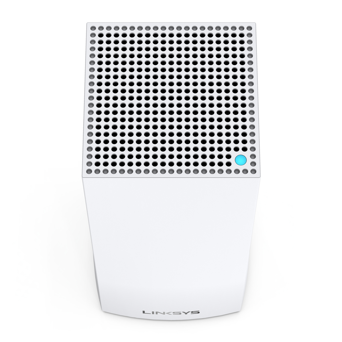 Un router Linksys blanco. Tiene una parte superior perforada, una luz azul y el logotipo de Linksys en la parte inferior. El fondo es blanco.