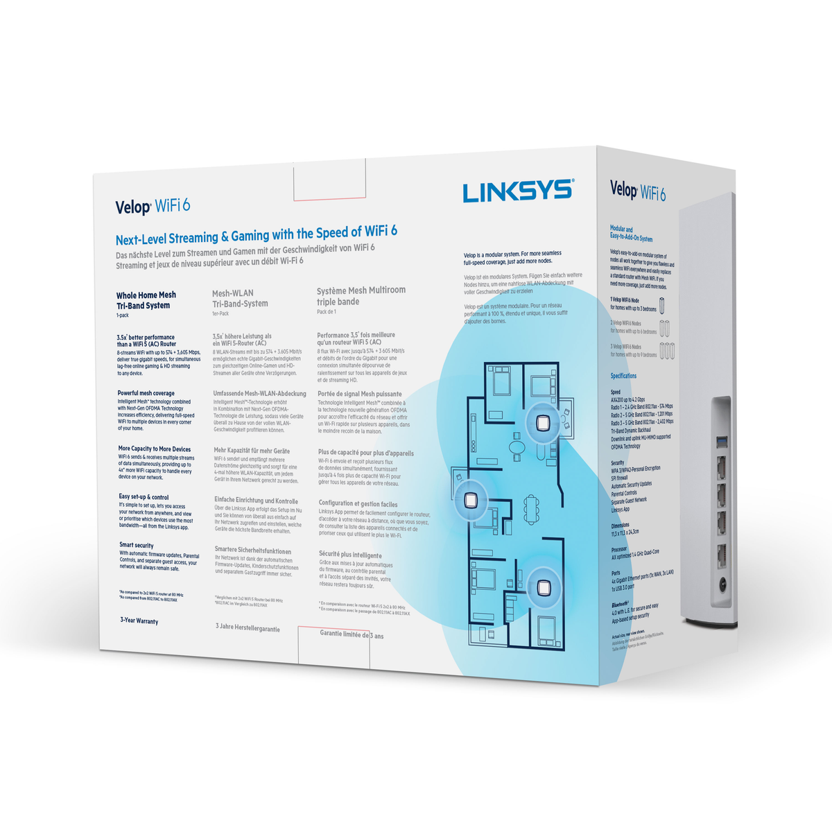 Una caja blanca Linksys Velop WiFi 6 con texto, diagramas y diseño de casa.