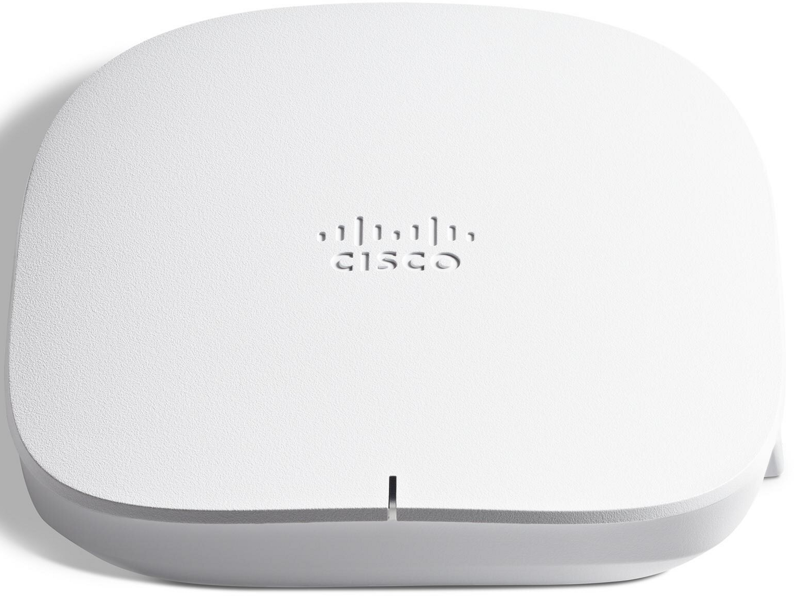 Białe, zaokrąglone urządzenie Cisco z logo marki. Ma małą szczelinę na dole.