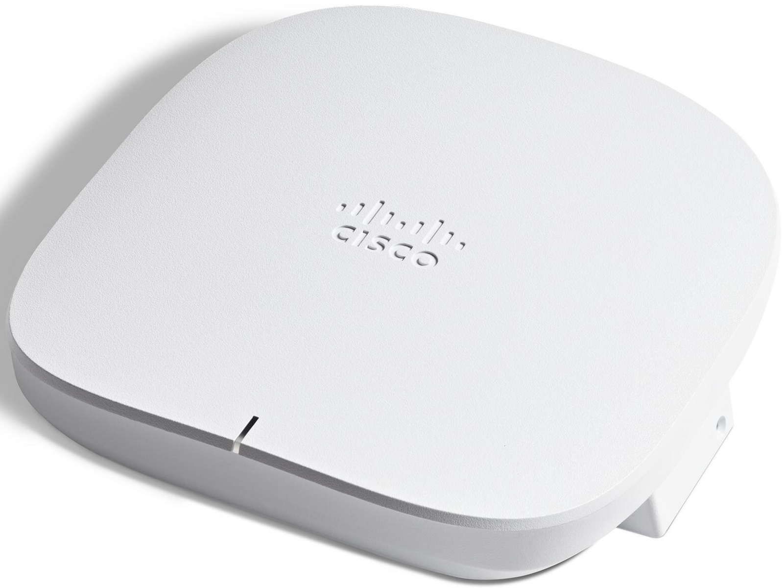 Biały bezprzewodowy punkt dostępu Cisco z logo marki na górze. Ma zaokrąglony kwadratowy kształt i szczelinę z boku.